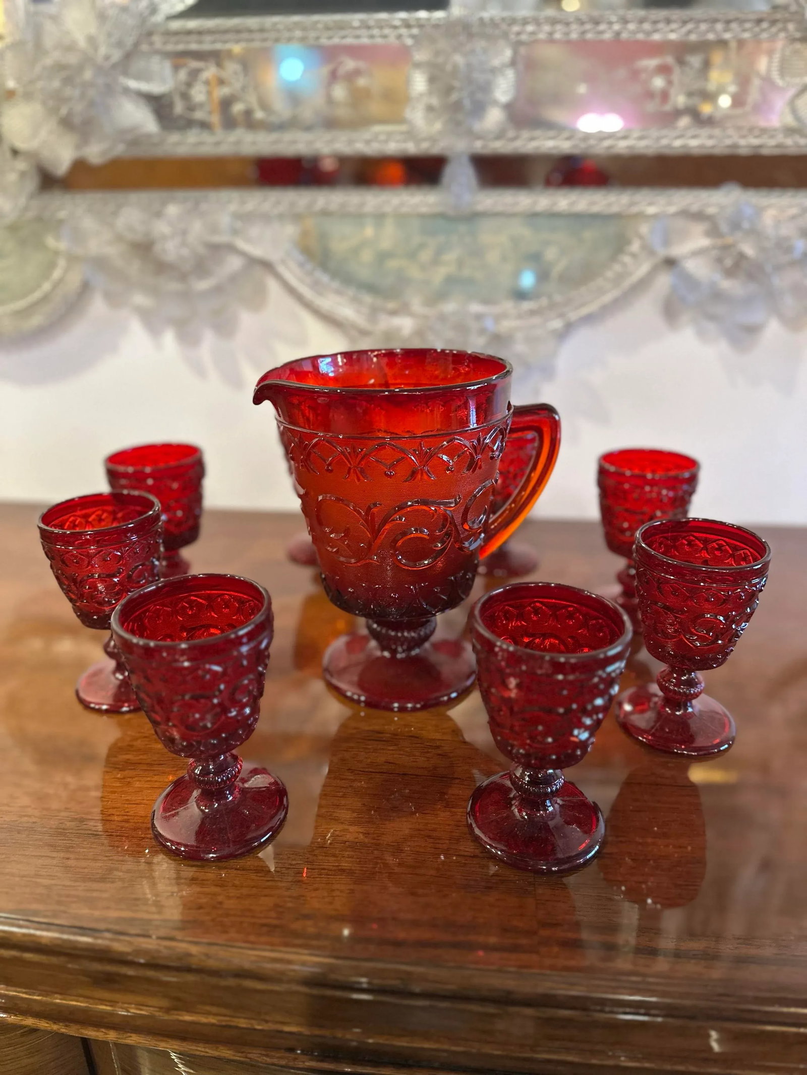 1950s Glass Ruby Water Set- 9 Pieces - 2