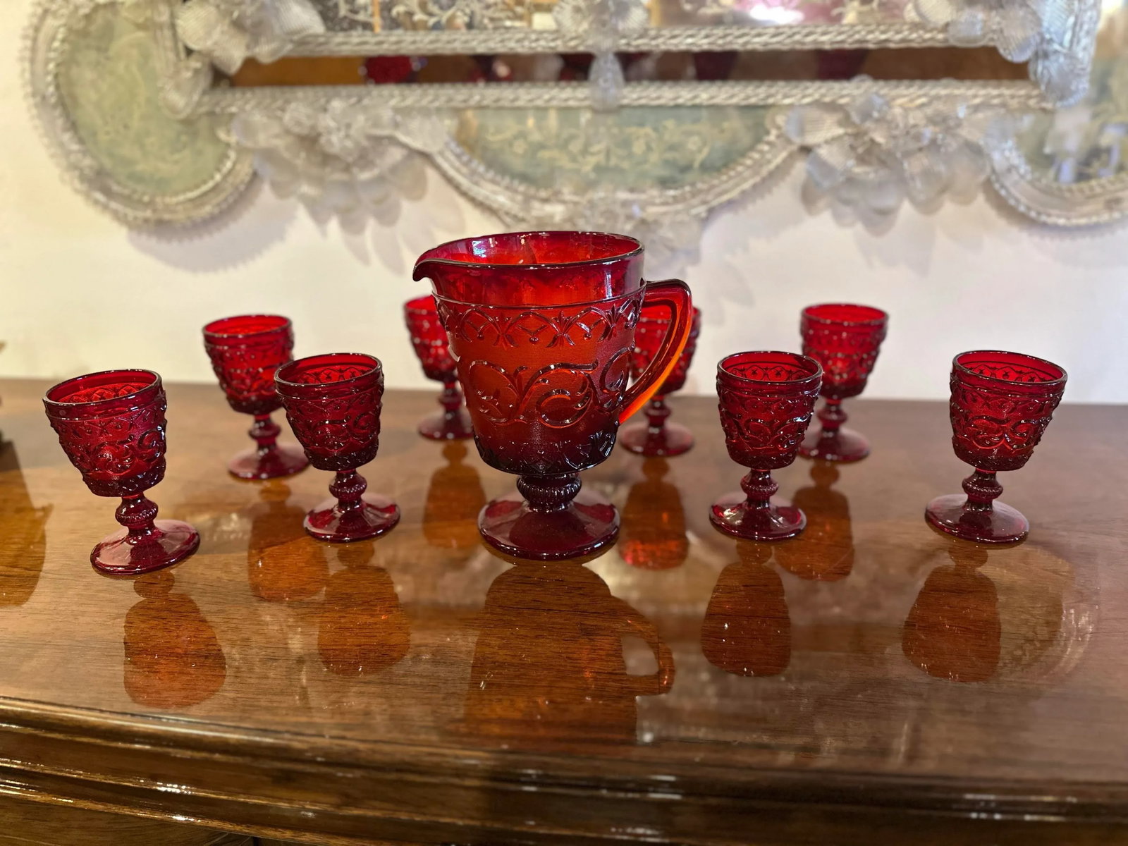 1950s Glass Ruby Water Set- 9 Pieces - 5