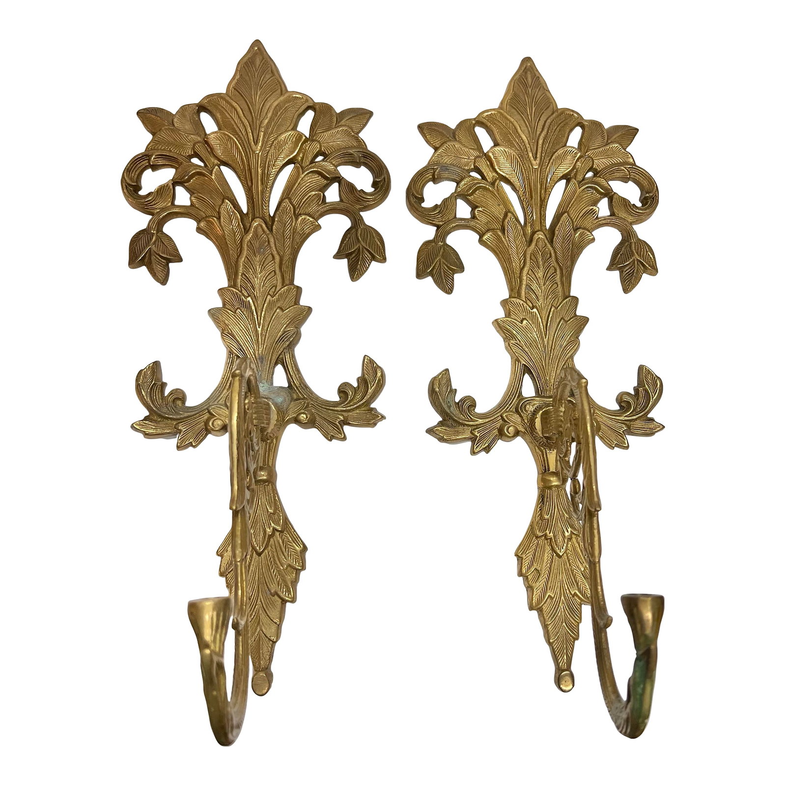 Vintage Mid Century Decorative Brass Sconces Pair of 2: Mid century sconces. Great decorative Hollywood regency style. Ready to hang on the wall. One of them has a small hole the size of a birthday candle. The other appears to have a screw filling the