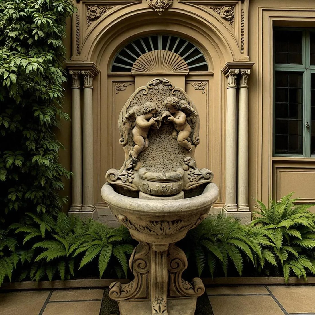 Classic Fiore Stone Cherub Wall Fountain With Integrated Pump - A Timeless Garden Accent - 11