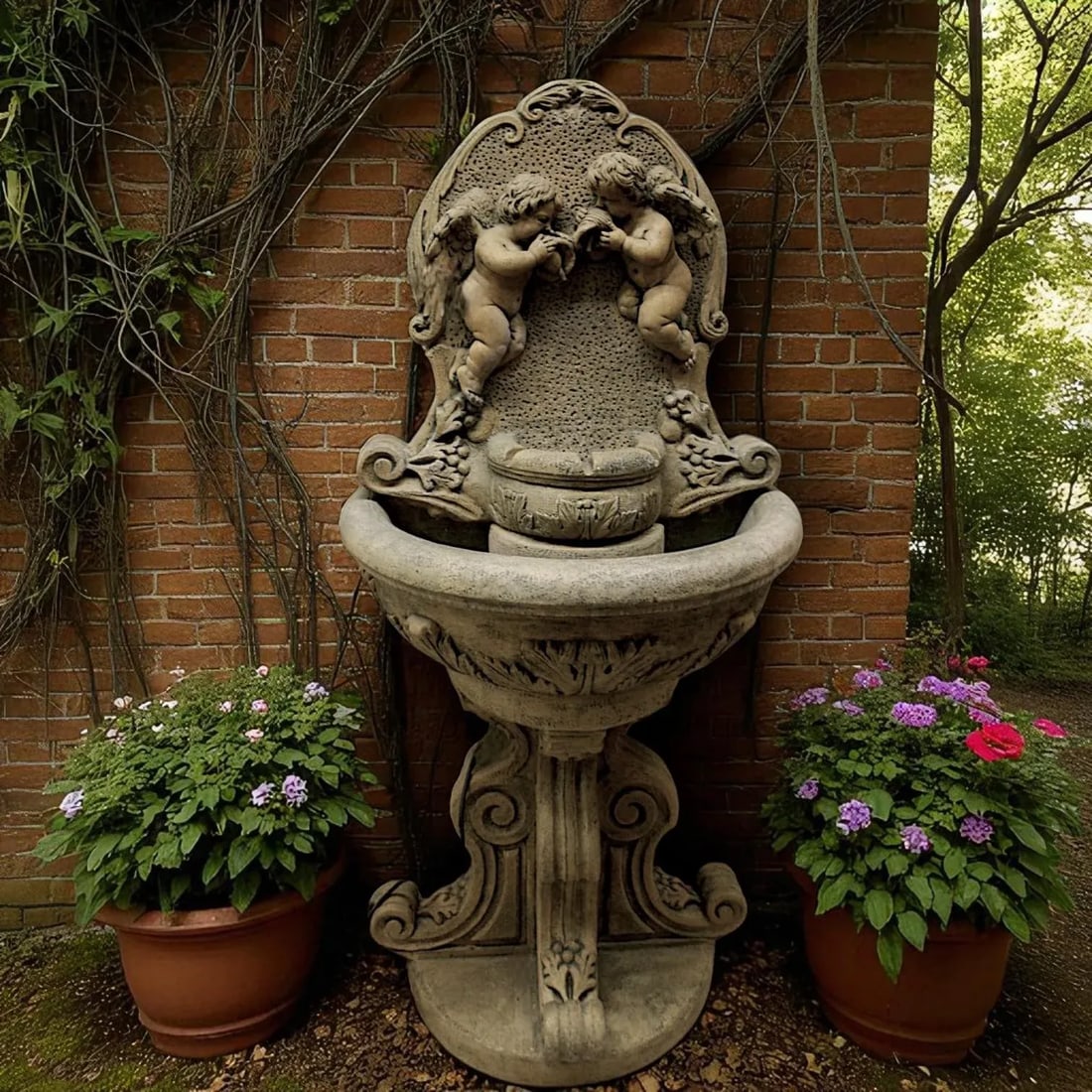 Classic Fiore Stone Cherub Wall Fountain With Integrated Pump - A Timeless Garden Accent - 12