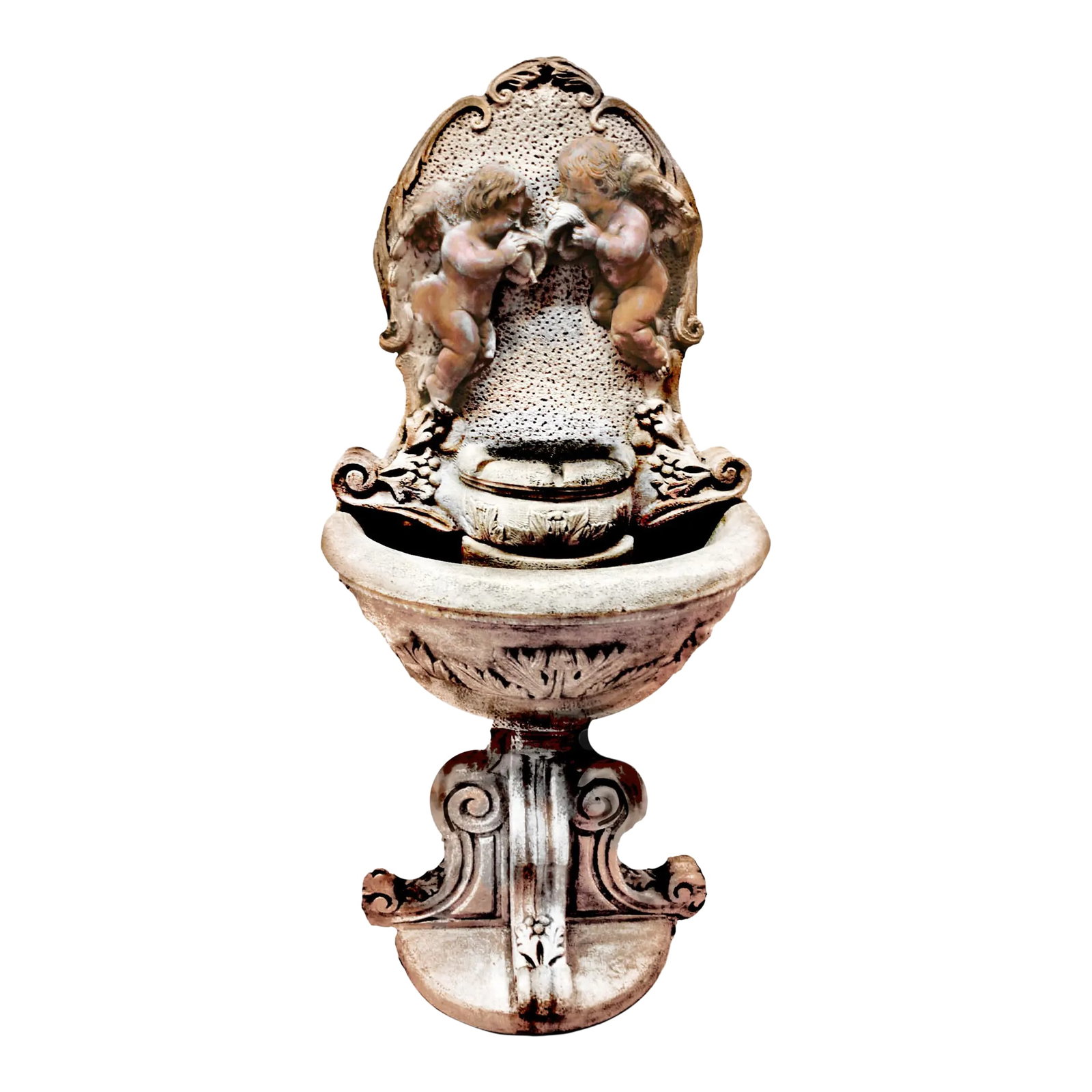 Classic Fiore Stone Cherub Wall Fountain With Integrated Pump - A Timeless Garden Accent: Offered here is a romantic and evocative Fiore Stone wall fountain, richly adorned with sculpted cherubs in high relief and elevated by a classical pedestal base. This stately piece, crafted in