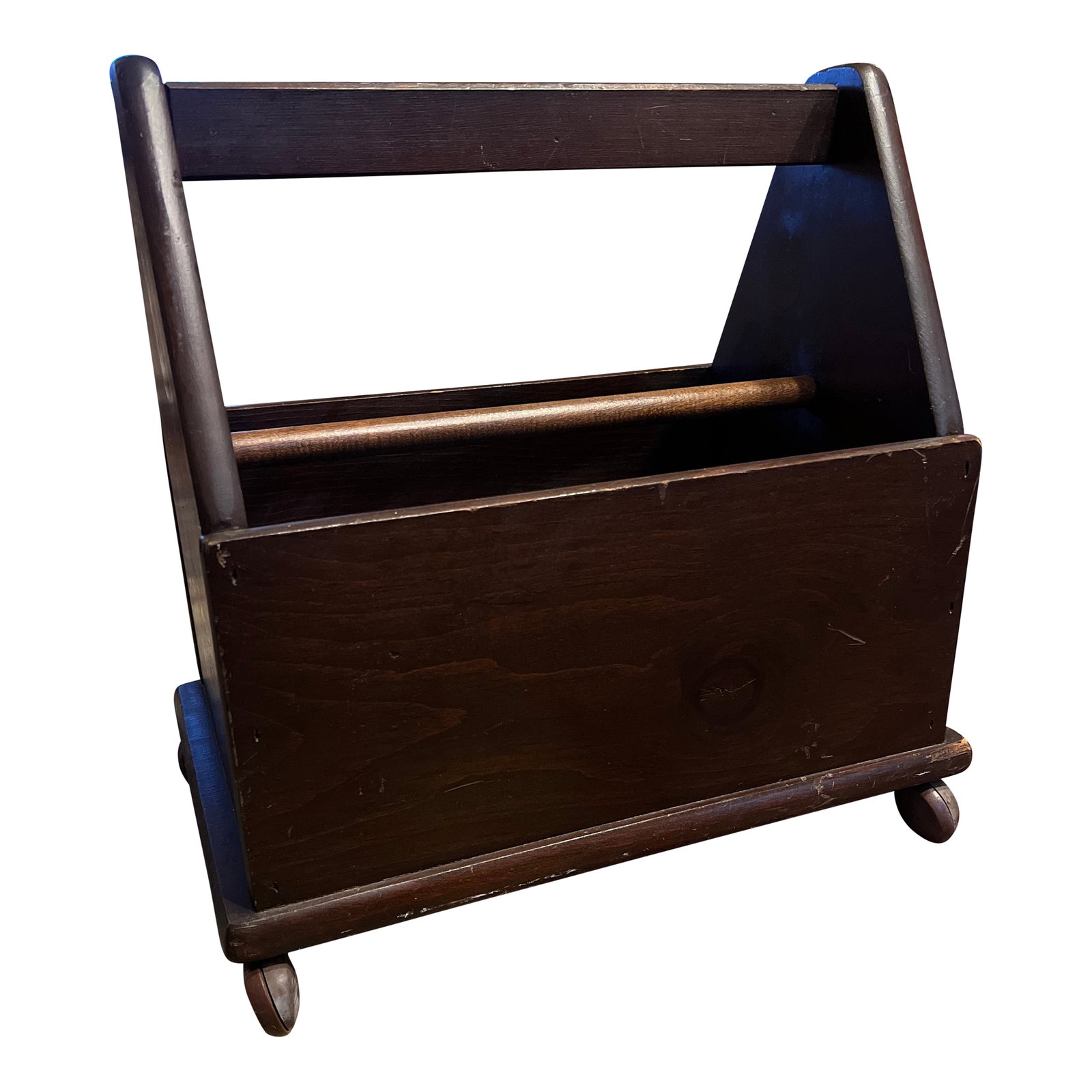 Vintage Wooden Tool, Utility, Craft Box, Farmhouse Storage With Casters: Vintage multifunctional solid wood storage / tool / utility / craft box with attached handle and four casters. Features two interior dividing poles. Good vintage condition with surface wear to the