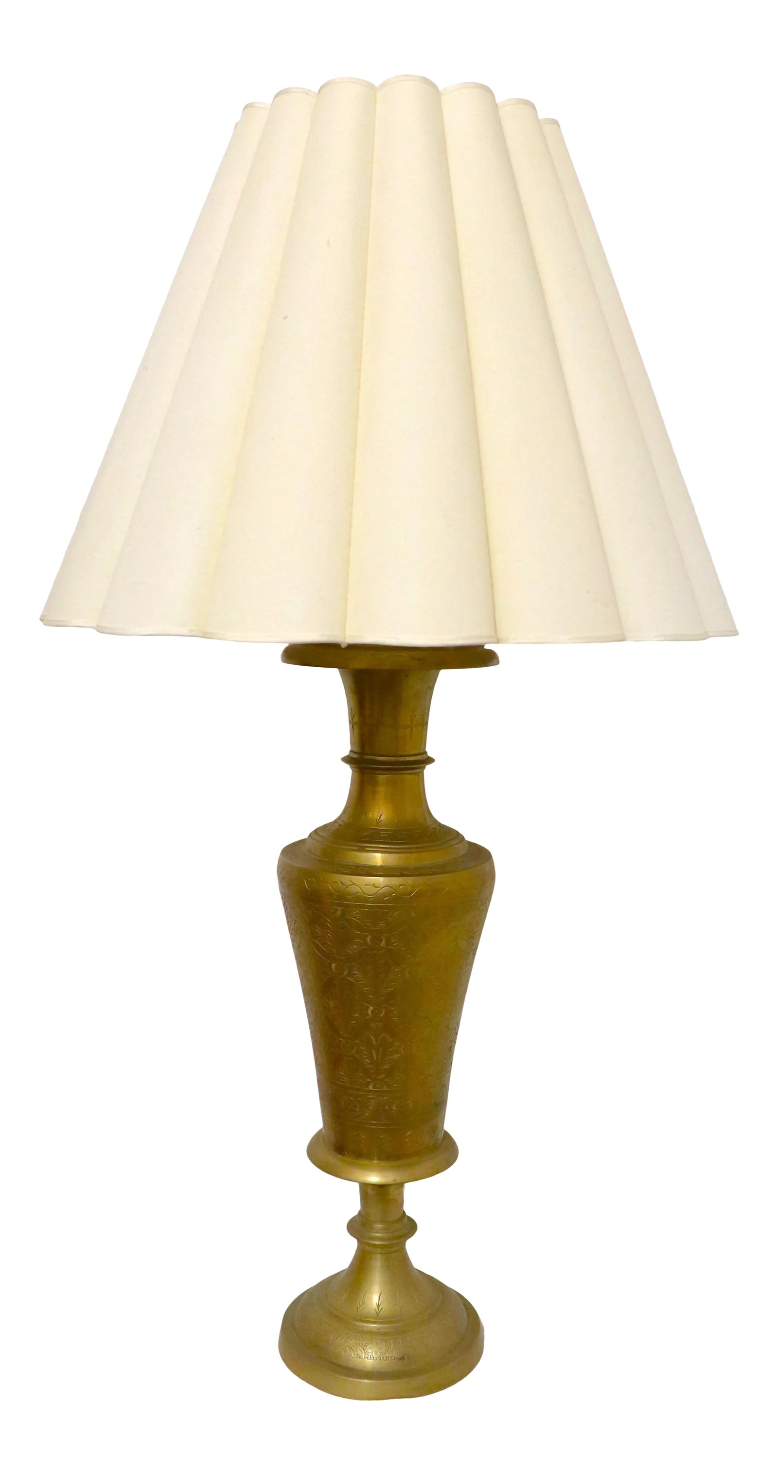 1920s Brass Etched Table Lamp With Fluted Shade: I absolutely am in awe of this etched brass table lamp. The patina is beautiful in a yellowish matte brass color with delicate etching. This came from a collection of the most amazing estate auction