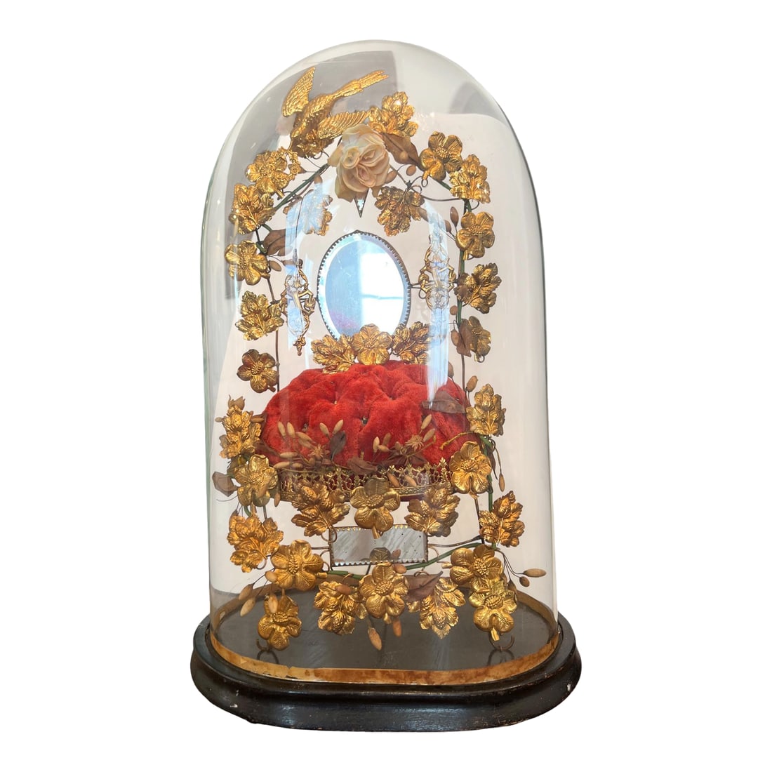 19th-C.French Victorian Bridal Wedding Glass Cloche: This antique French "globe de mariee" dates from the late 19th century and features a striking arrangement of gilt floral ormolu elements and symbolic motifs under its original glass dome. At the