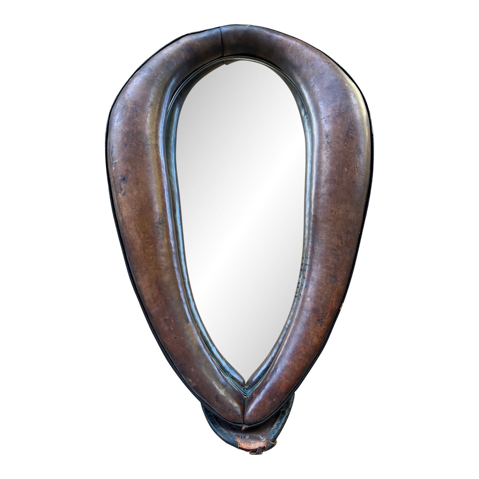 Antique Leather Horse Collar/ Oxen Yoke Mirror: Absolutely stunning and authentic leather horse collar or oxen yoke framed mirror. Leather has wonderful warmth to its wear and the mirror is in perfect condition. The size is somewhat smaller
