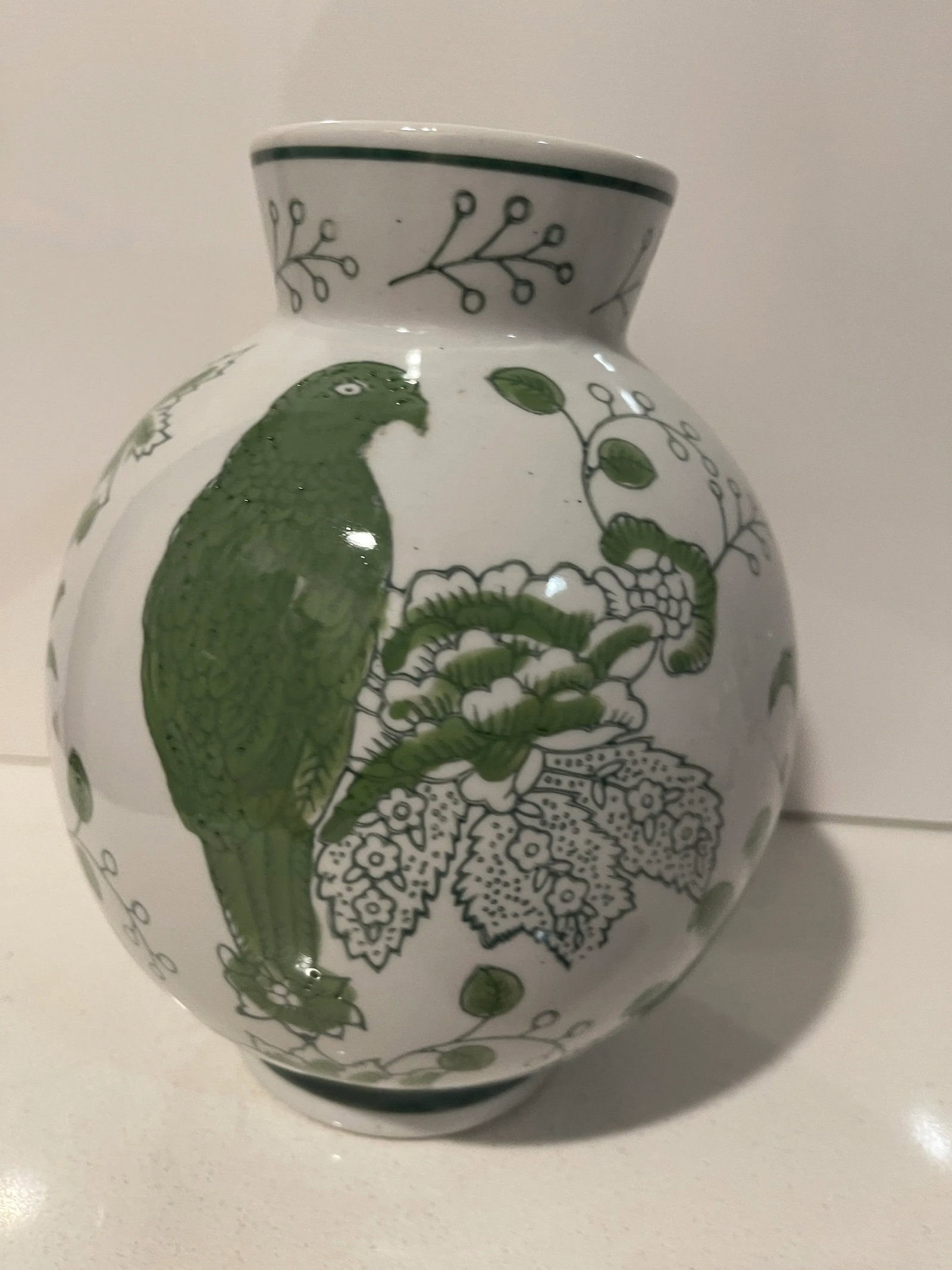 Traditional Round Green & White Cloisonne Symbolic Bird & Vine Vase - 10