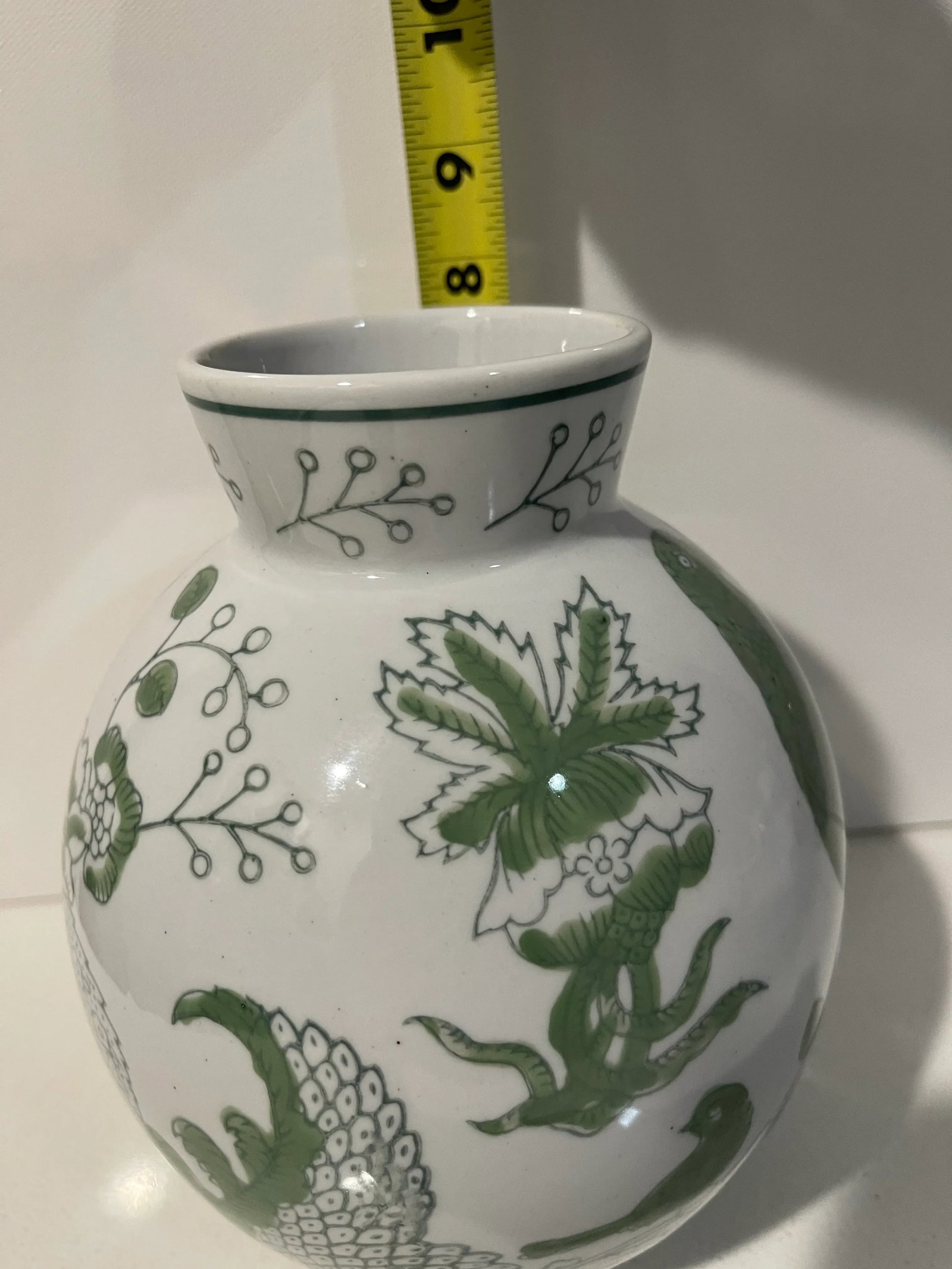 Traditional Round Green & White Cloisonne Symbolic Bird & Vine Vase - 11