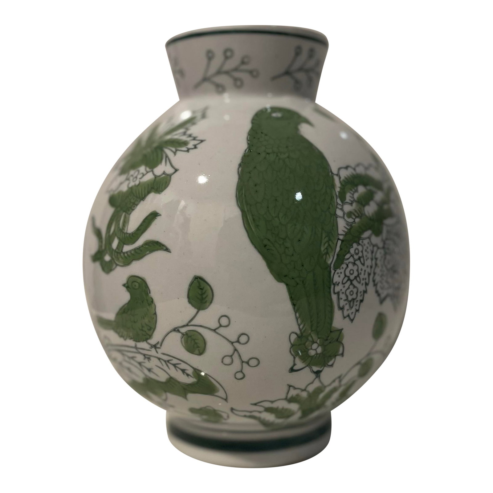 Traditional Round Green & White Cloisonne Symbolic Bird & Vine Vase: A festivity of nature, represented in greens and whites, is depicted on this two-toned round ceramic vase. Height is 8 inches, with an overall width of about 5.5-6 inches and a top width of 3 inches.