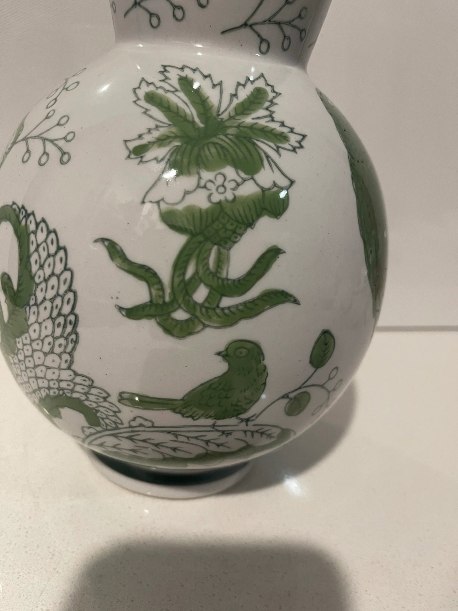 Traditional Round Green & White Cloisonne Symbolic Bird & Vine Vase - 2