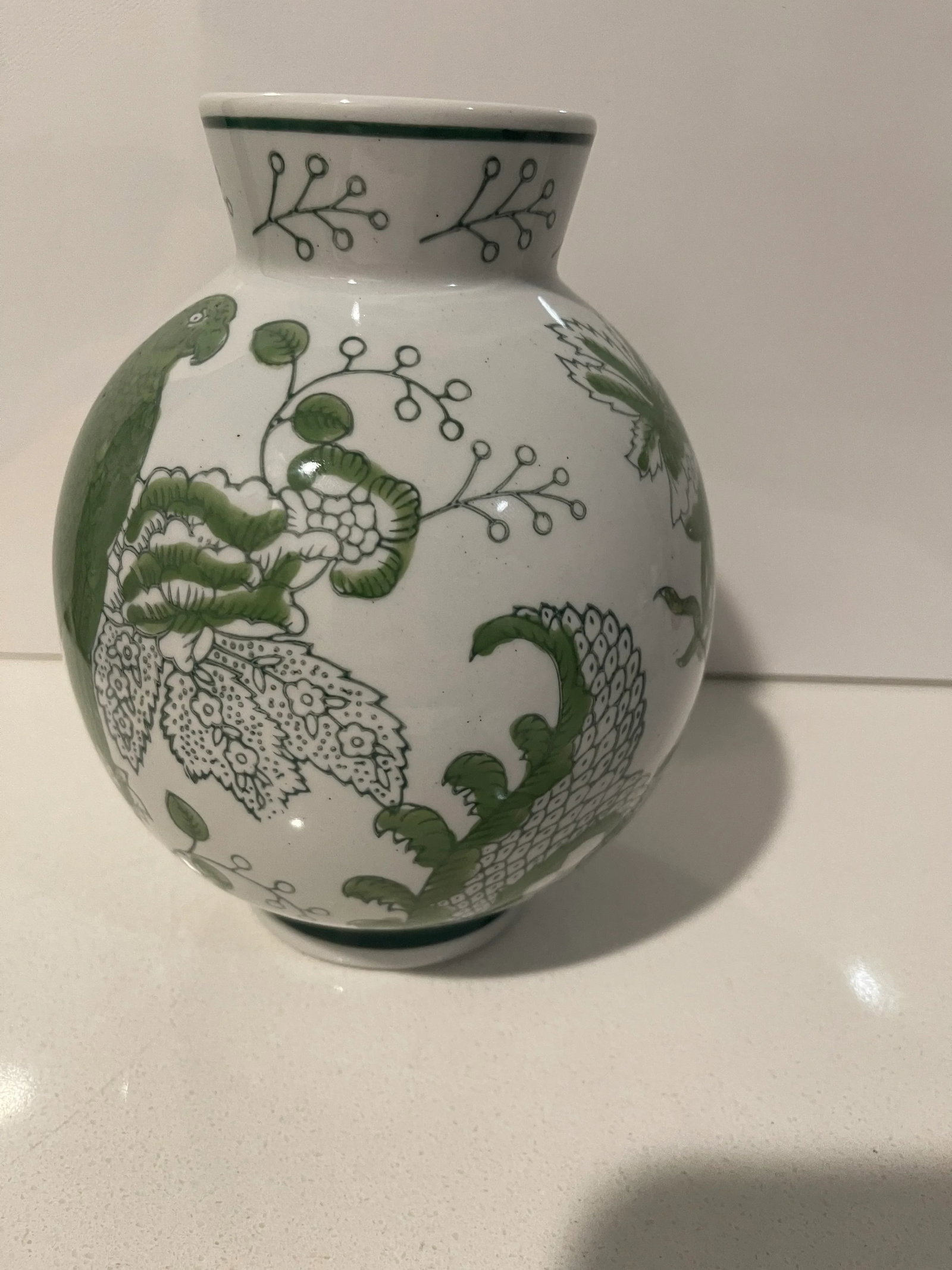 Traditional Round Green & White Cloisonne Symbolic Bird & Vine Vase - 3