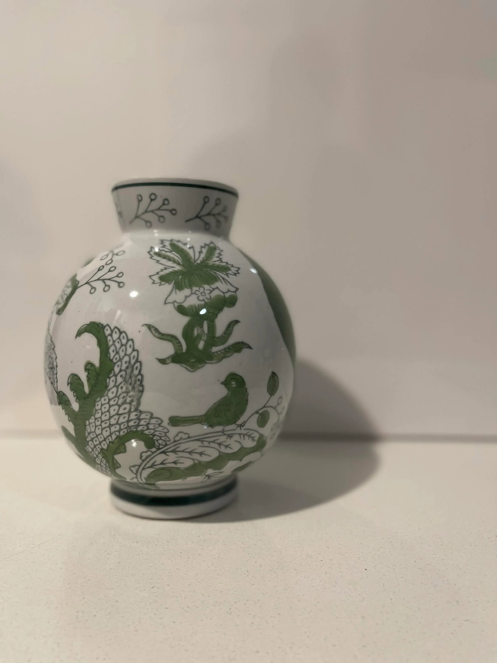 Traditional Round Green & White Cloisonne Symbolic Bird & Vine Vase - 4