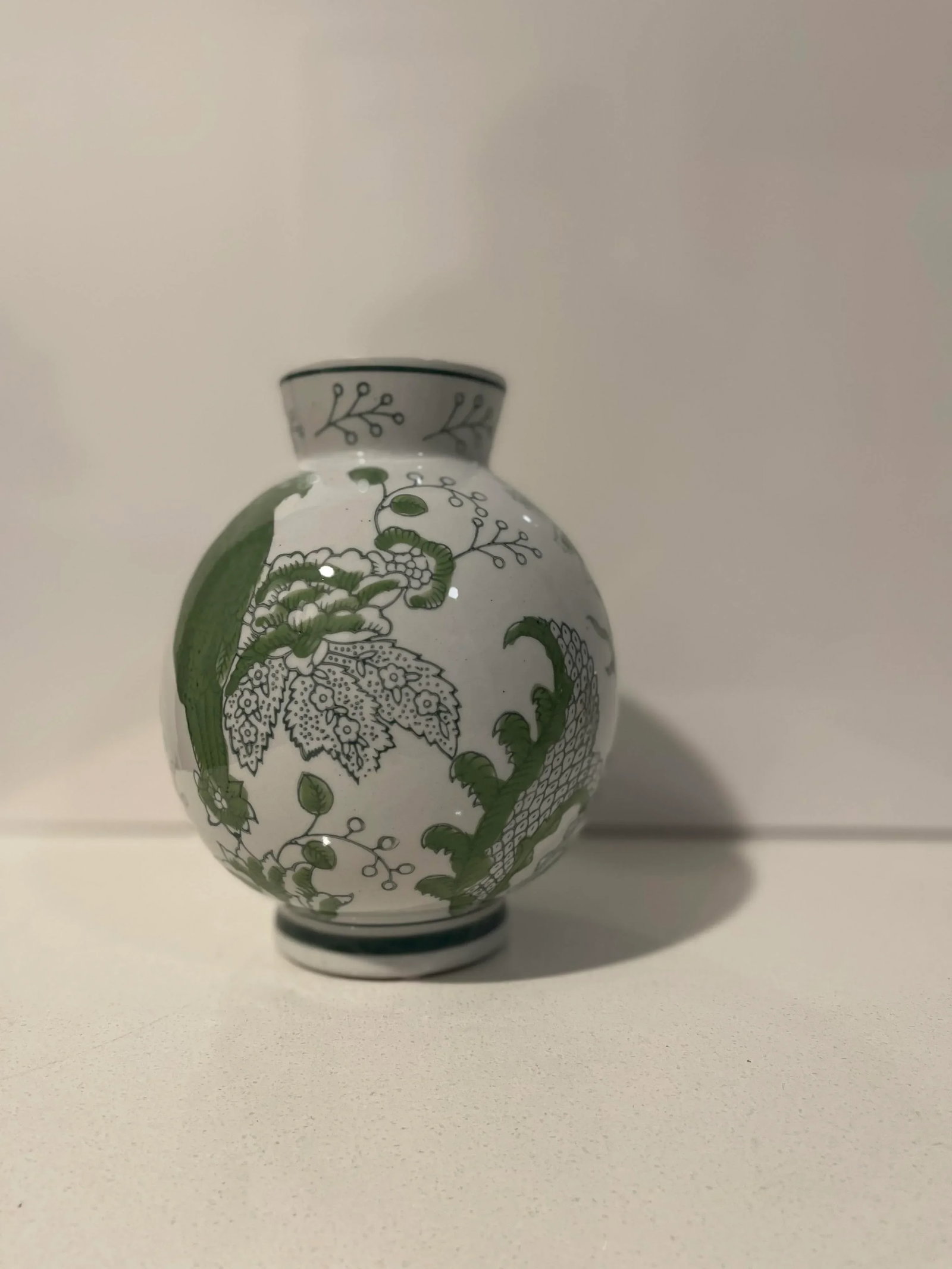 Traditional Round Green & White Cloisonne Symbolic Bird & Vine Vase - 5