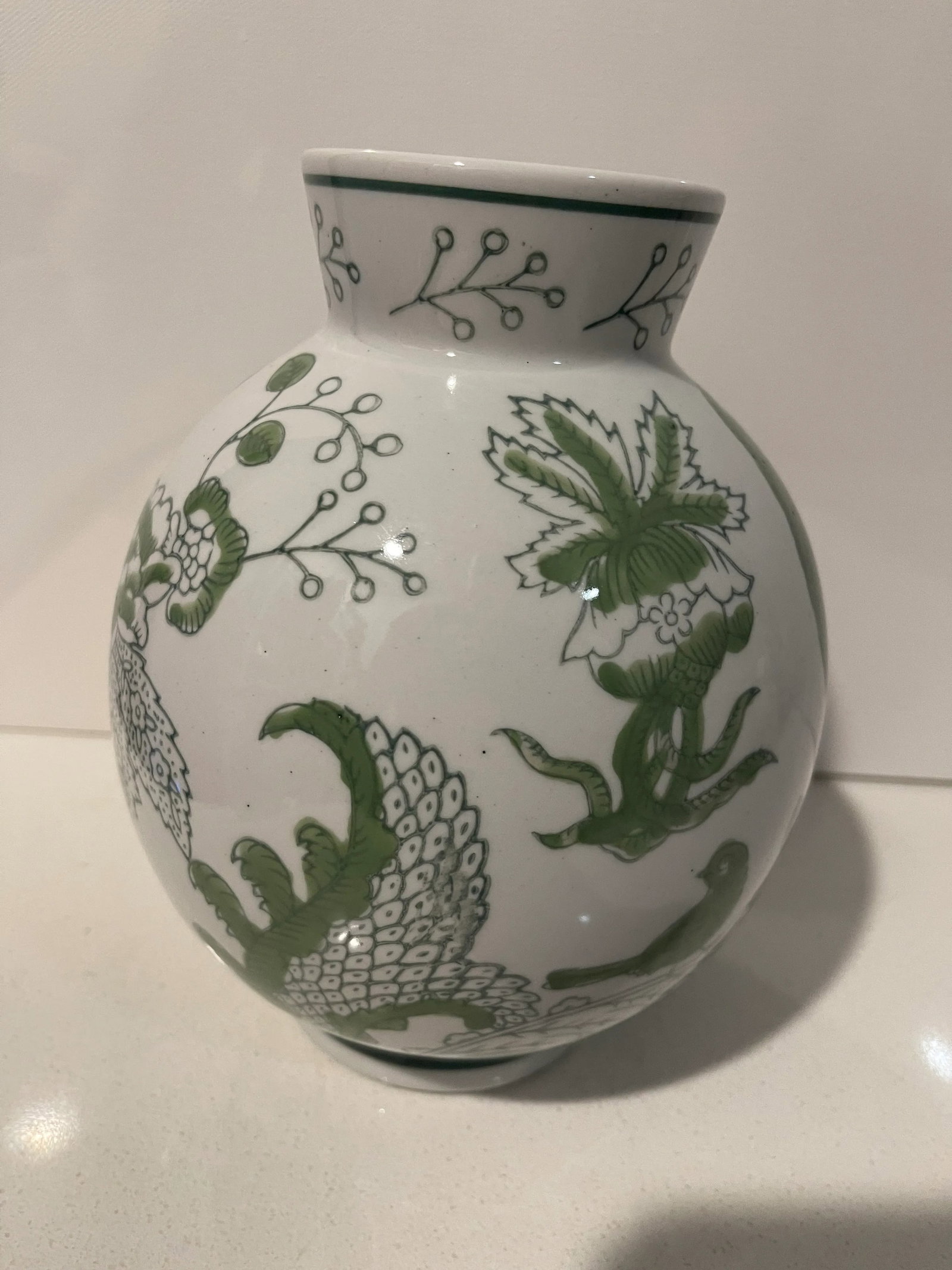 Traditional Round Green & White Cloisonne Symbolic Bird & Vine Vase - 7