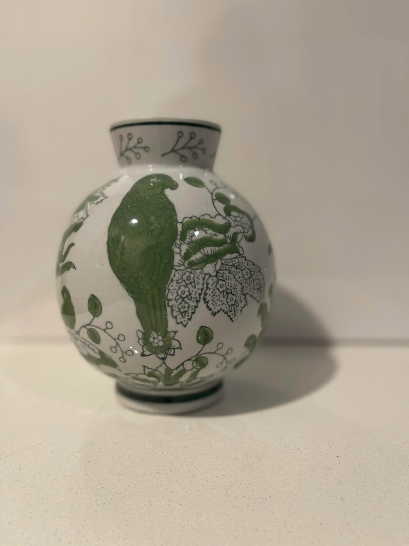 Traditional Round Green & White Cloisonne Symbolic Bird & Vine Vase - 8