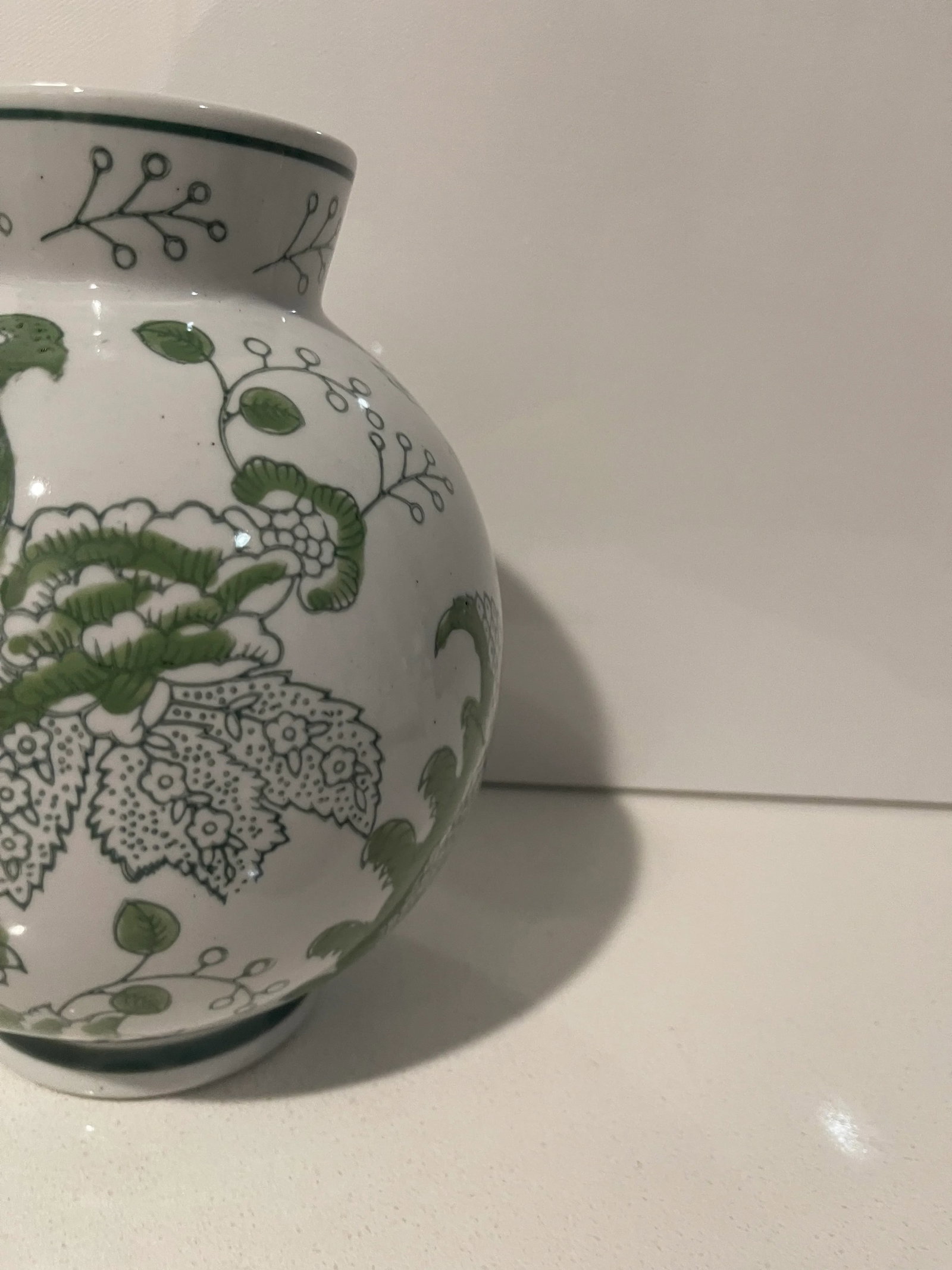 Traditional Round Green & White Cloisonne Symbolic Bird & Vine Vase - 9