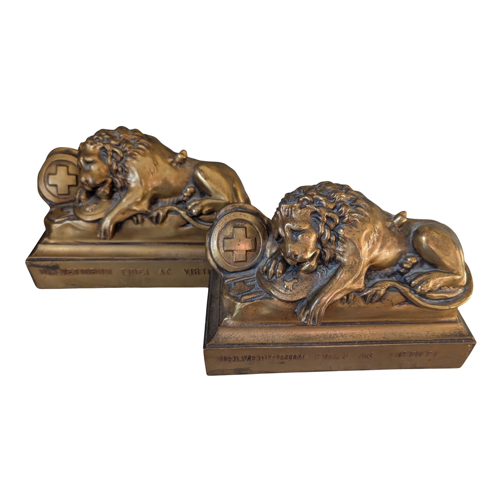 Antique Bronze Lion Bookends, Swiss Guard, Helvetiorum Fidei Ac Virtuti- Set of 2: Beautiful set of old bronze bookends featuring the Swiss Guard lion and the "Helvetiorum Fidei Ac Virtuti," which roughly translates "To the loyalty and bravery of the Swiss." The lions appear