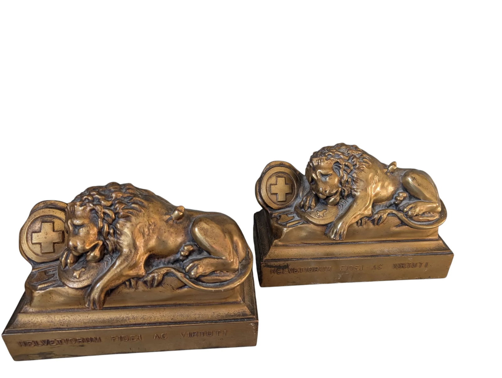 Antique Bronze Lion Bookends, Swiss Guard, Helvetiorum Fidei Ac Virtuti- Set of 2 - 2