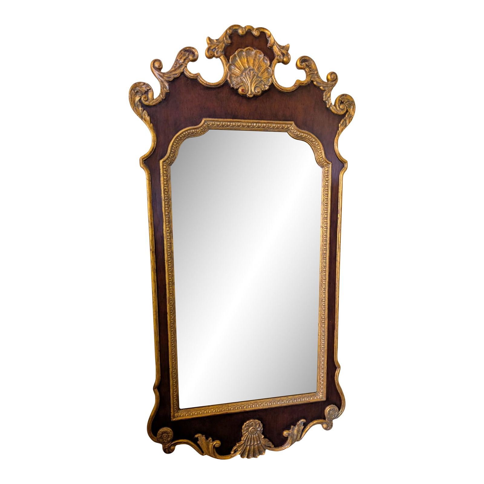Vintage Ethan Allen Gilt Tipped Regency Mirror: Gorgeous and ornate vintage Ethan Allen mirror. This regency-style mirror has an ornate design and gilt detailing throughout. The piece is in really nice condition with no significant damage