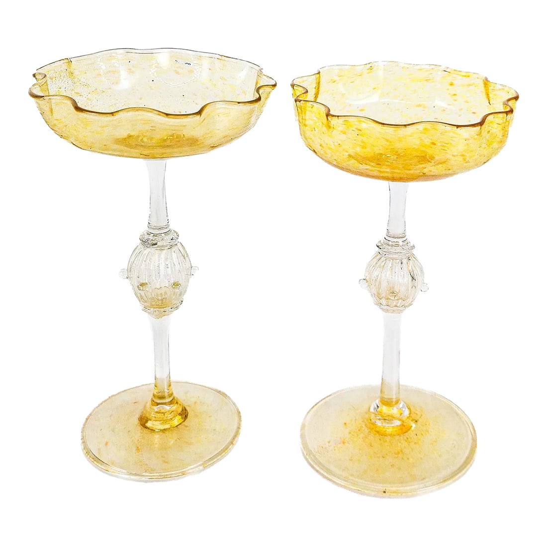 Pair of 1930s Venetian Art Glass Colorless and Gold Flecked "Aventurine": Pair of Venetian art glass colorless and gold flecked "Aventurine" ,the wavy shallow bowls above long narrow rods each with textured gold flecked bulbs and terminating in gold-colored feet Circa 1930