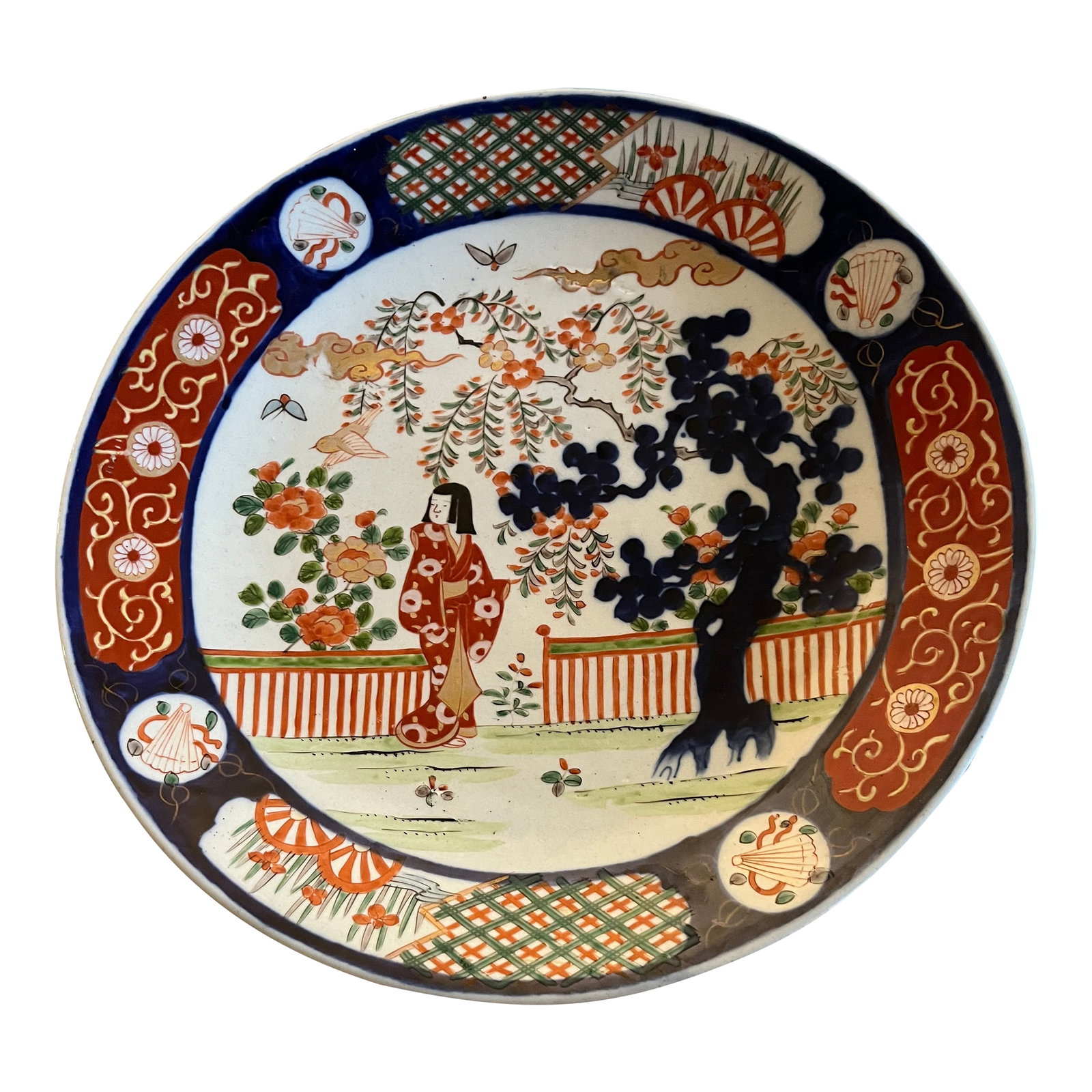 Mid 19th Century Meiji Era Japanese Imari Charger: Gorgeous antique 18" Japanese Imari charger featuring a painted scene with vibrant blues, brick reds and greens. Condition: Alterations: Original Condition Unaltered Imperfections: Some Imperfections