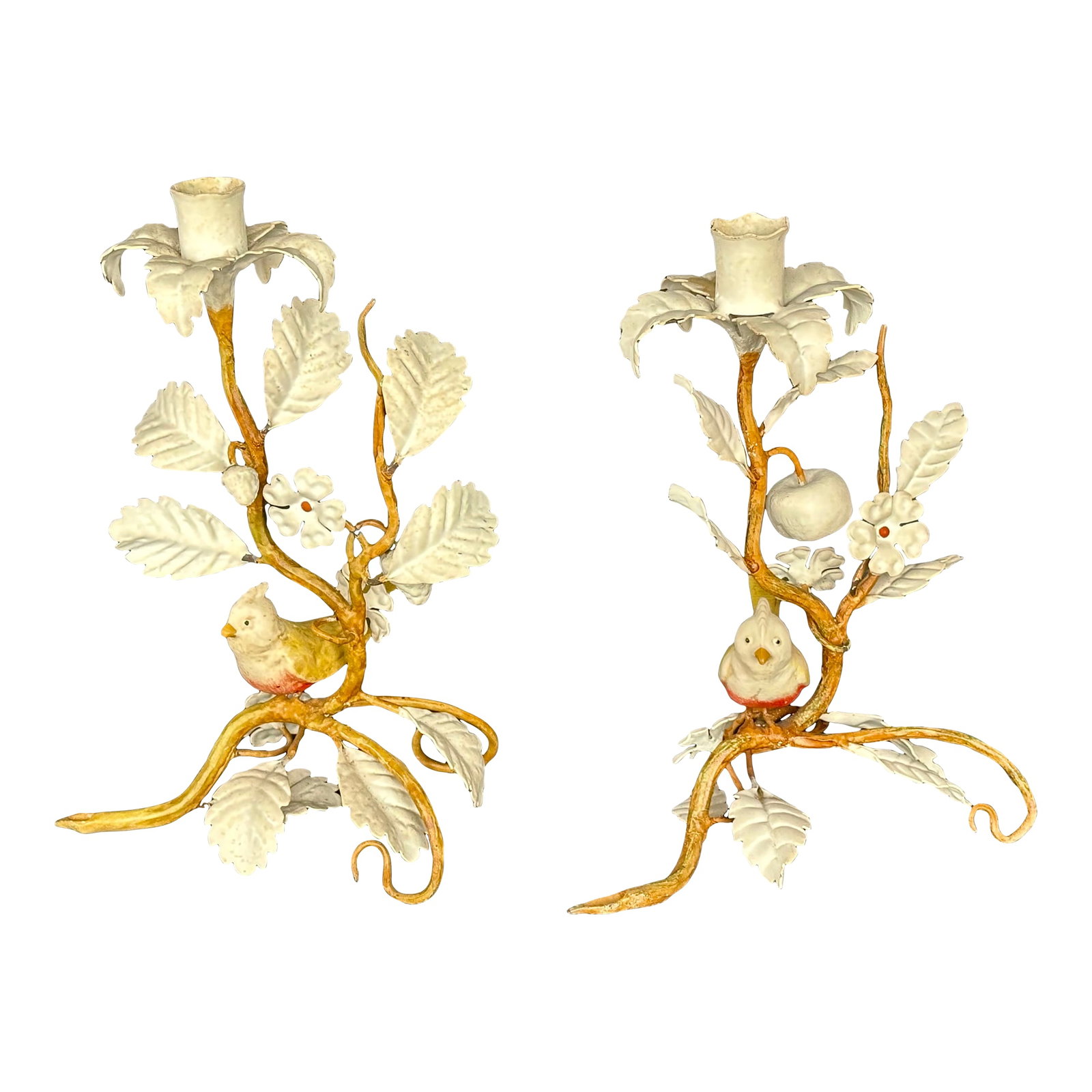 Bird Branch Italian Tole Candlestick Holders, a Pair: Made in Italy for Bonwit Teller, this pair of vintage Italian tole candlestick holders are lovely decorative home decor accents. Each candle holder is a sculptured metal toleware branch with white