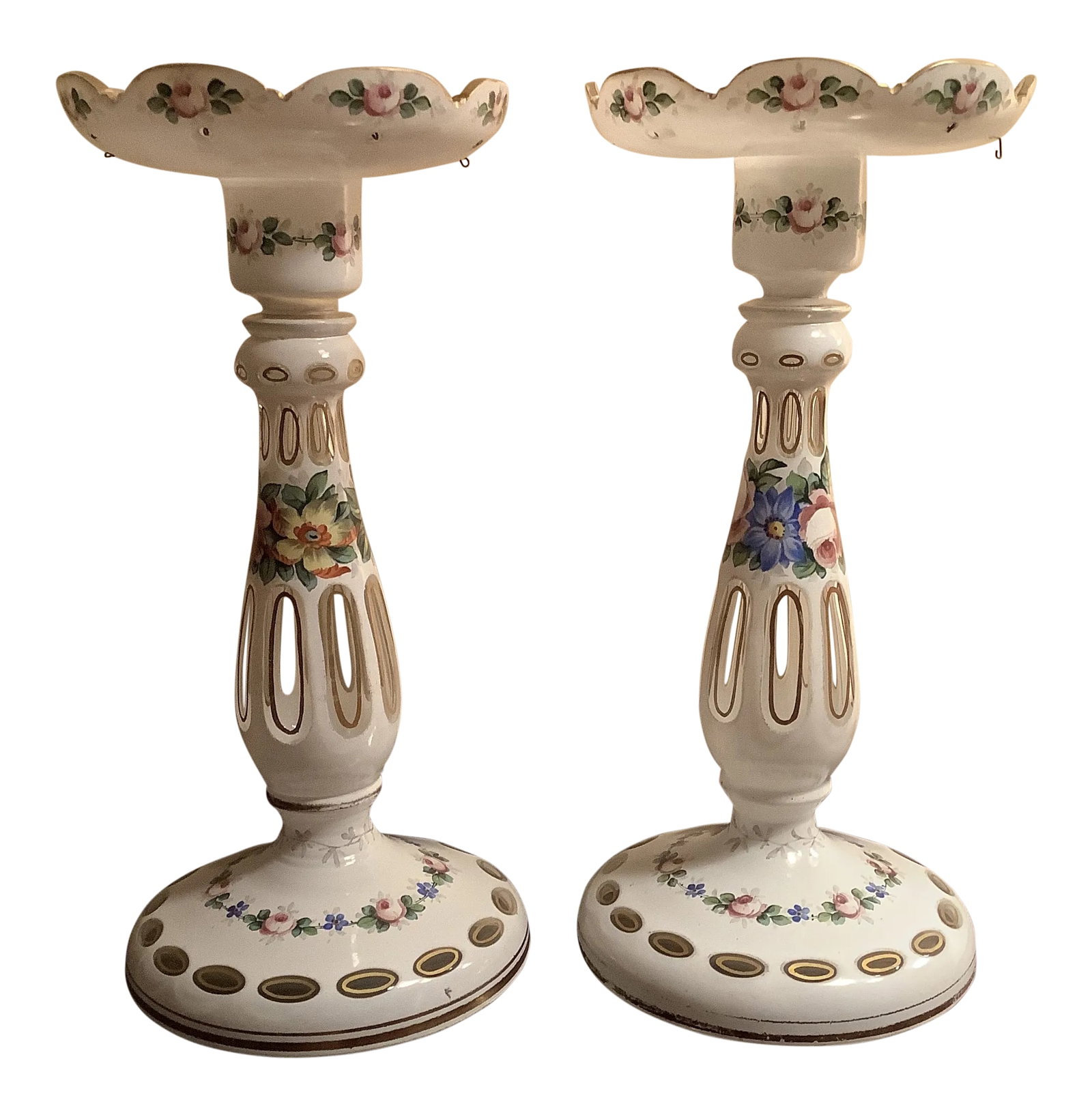 Antique Bohemian Hand Painted Cased Glassware Candlesticks - a Pair: White Bohemian Pair Of Candlesticks With Hand Painted Flowers And Gilt. (Hangers For Prisms Attached) Great condition; no observed issues. Gold loss consistent with age. Approximate Dimensions: 10"