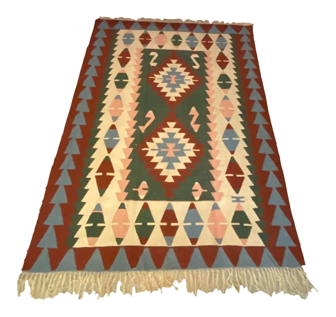 Vintage Handwoven Wool Flat Weave Fringed Turkish Rug: Vintage Antique Handwoven Flat Weave Wool Turkish Aztec Navajo Print Area Rug Area Rug Has normal wear from age/storage. May have some slight dirtiness from storage and while photographing. No major