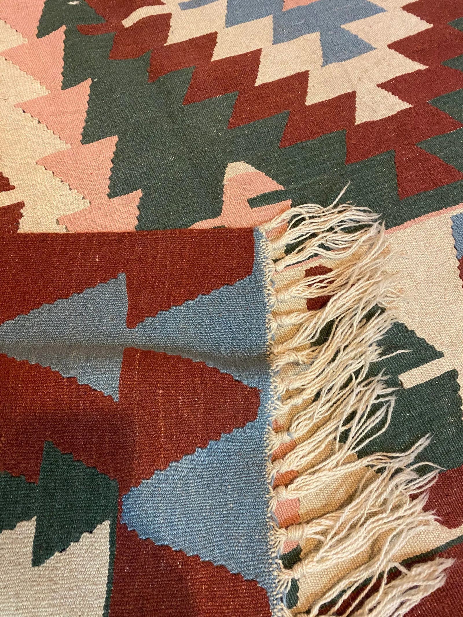 Vintage Handwoven Wool Flat Weave Fringed Turkish Rug - 4