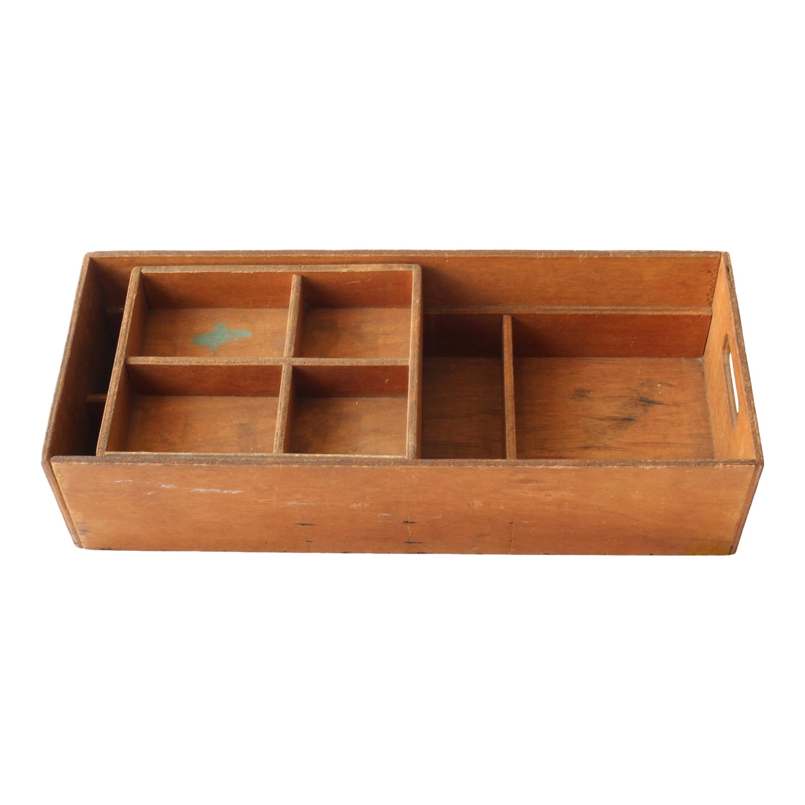 Mid 20th Century Handmade Mid Century Storage Box: Handmade midcentury wooden storage box with removable interior tray. Thoughtfully divided for organizing tools, hardware, or craft supplies. Cutout handles make it easy to carry from project to