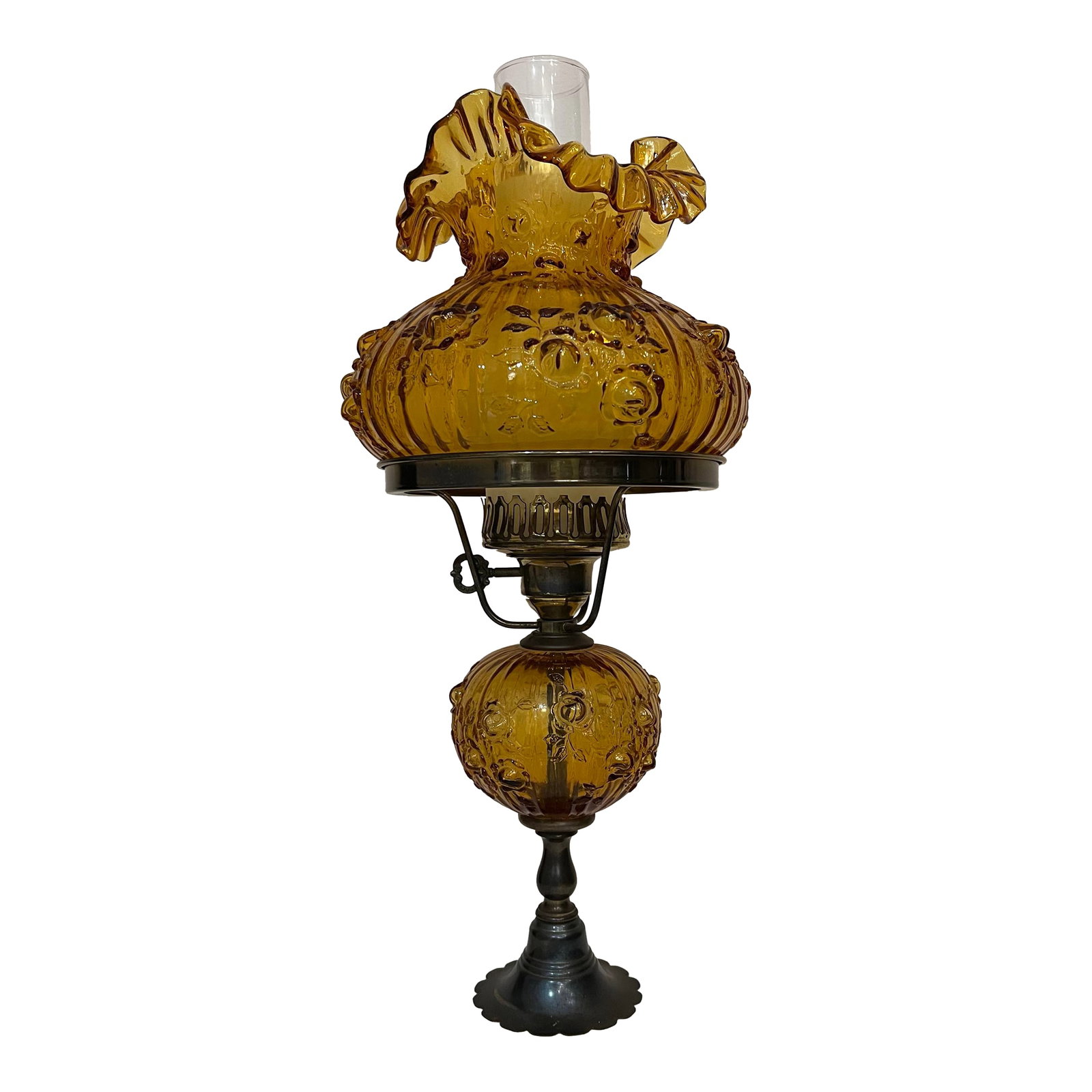 Vintage Fenton Amber Ruffled Top Table Lamp on Brass & Italian Marble Base: Beautiful Mid 20th Century Amber glass Table Lamp. This lamp features a distinctive ruffled top shade crafted from amber glass, with embossed puff rose details. The amber glass sits on a brass. Has