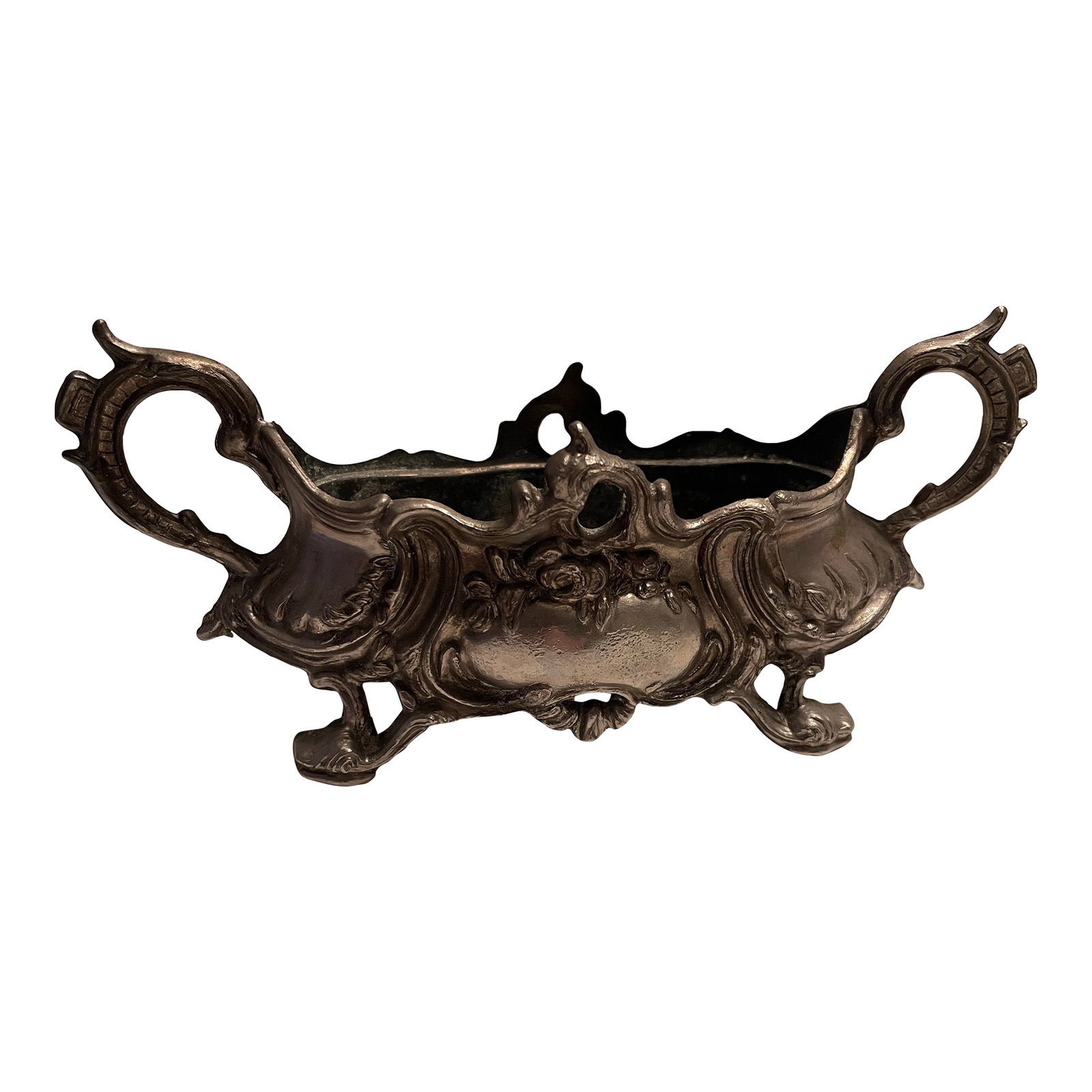 Antique French Silverplated Jardiniere (Planter) Centerpiece: Traditionally, jardinieres served as decorative table centerpieces, holding flower arrangements or other decorative items. Features handles, a footed base, and intricate embossed or cast details,