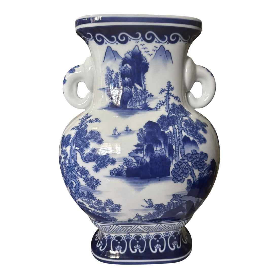 Vintage Palm Beach Regency Chinoiserie Blue & White Porcelain Asian Vase: Vintage Bombay Palm Beach Regency Chinoiserie Blue & White Asian Porcelain Vase. Double Handles 12"H Condition: Alterations: Original Condition Unaltered Imperfections: Some Imperfections Condition