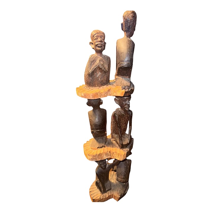 Mid 20th Century Hand-Carved 3-Tiered Yoruba Tribal Sculpture - Nigeria, West Africa Folk Art: This captivating hand-carved wooden sculpture features three tiers of expressive tribal figures, each pair uniquely crafted with rich detail and character. Originating from West Africa, most likely