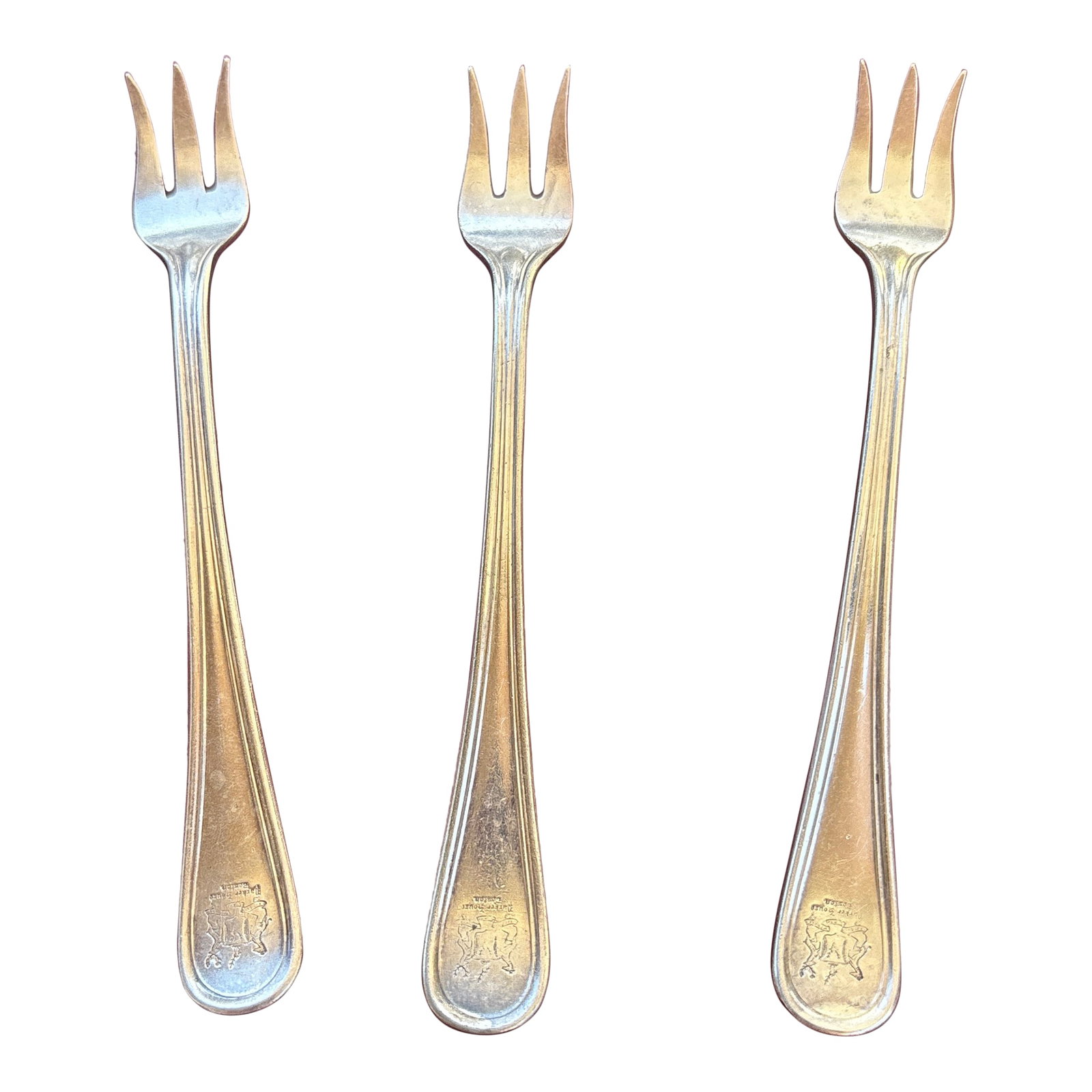 Circa 1930s Reed & Barton Triplex Hotel Ware Silver Plate Trident Oyster Forks Set of 3 From the Par: Marks: Reed&Barton (back) / triplex / Parker House (printed on back, stamp on front) Trident Oyster Forks custom engraved for the Parker House hotel in Boston - Set of 3 Length: 5.25" Circa 1930s Conn
