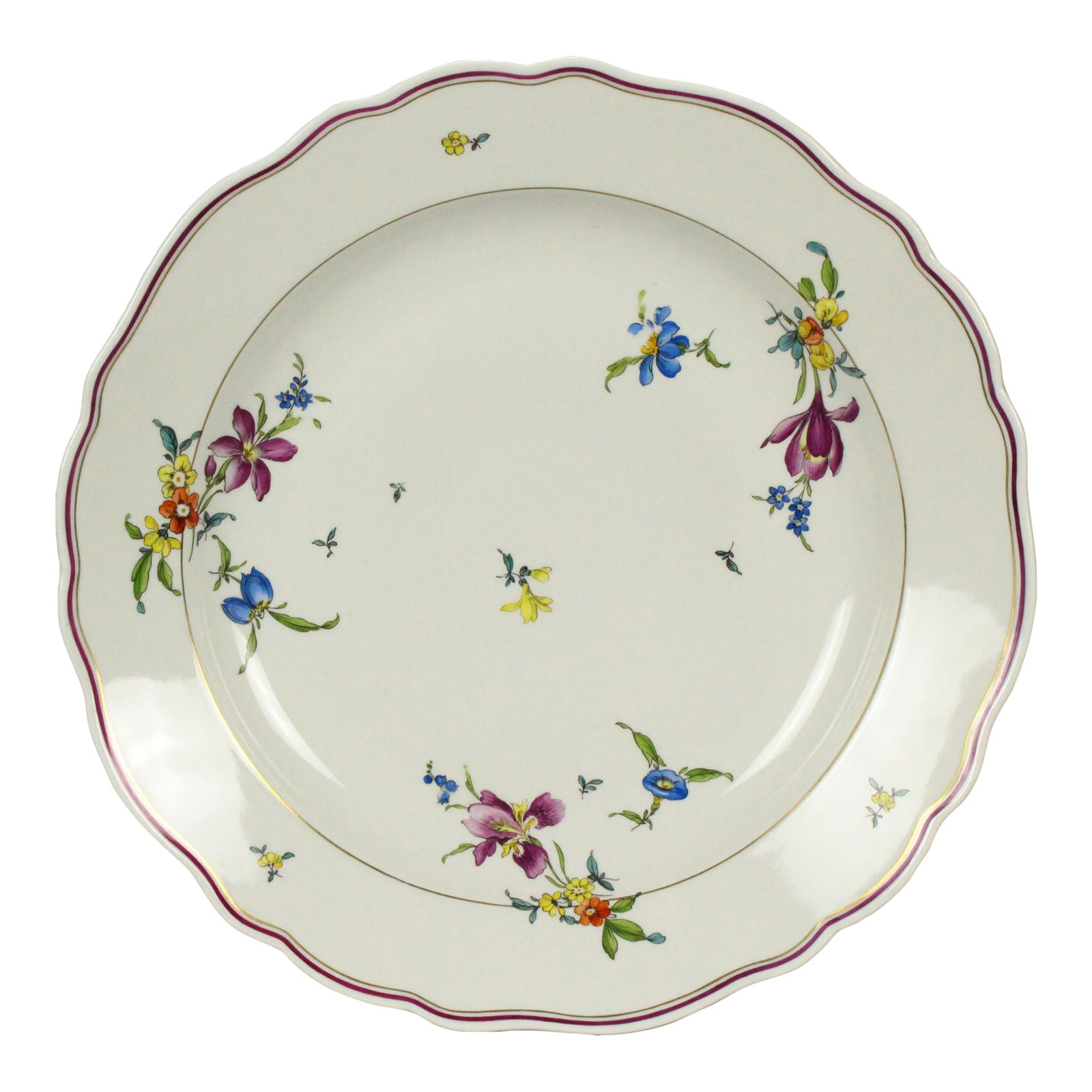 1800's Meissen Porcelain "Deutches Blumen" Flowers Round Platter Charger: An outstanding large round serving platter or charger Fine Meissen porcelain, with hand painted flower sprays from the "Deutches Blumen" series (German Flowers) Scrolled rim with red and golden