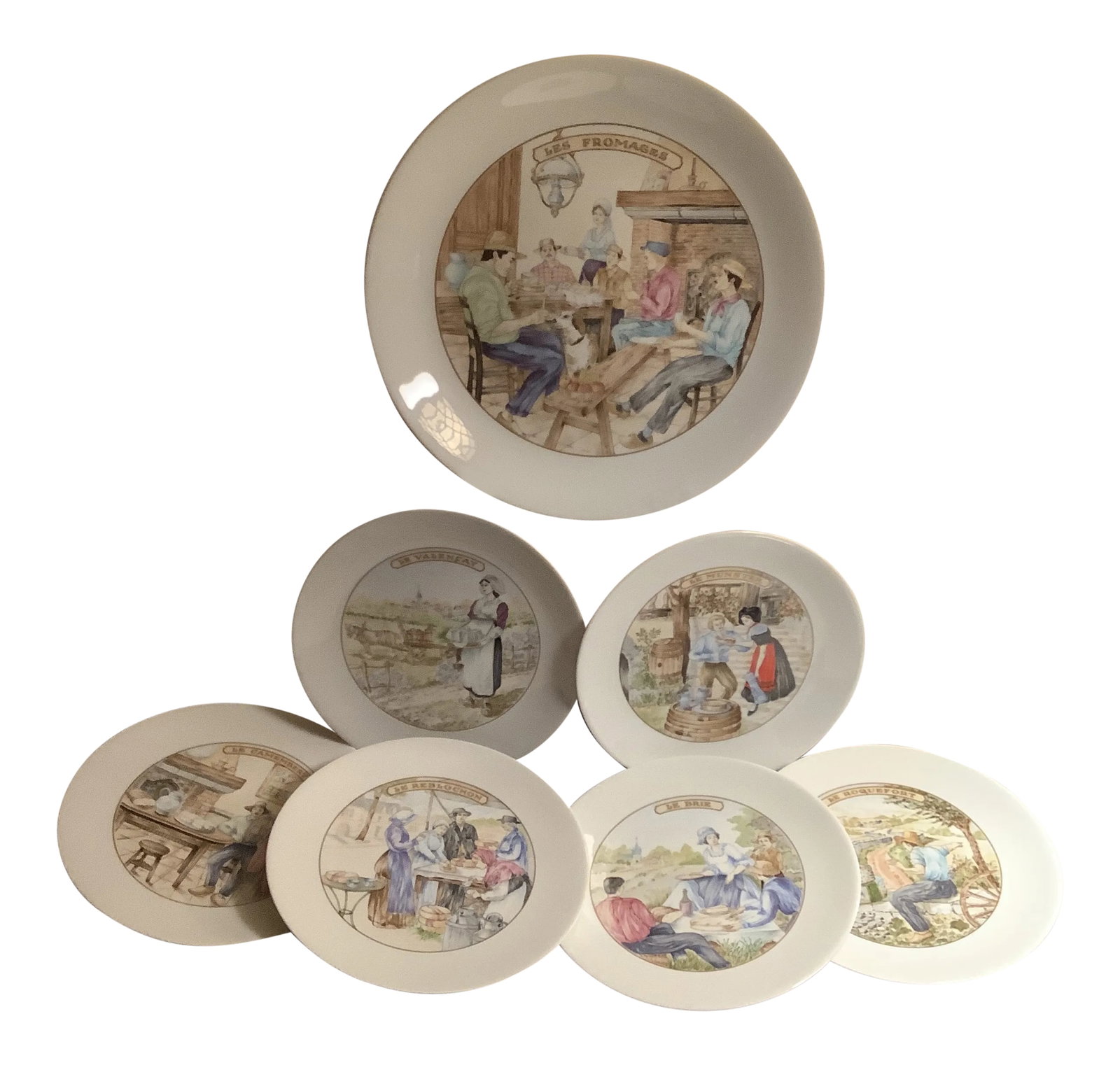 French Limoges Apilco Village Scenes Cheese Plate \ Dessert Set - 7 Piece Set: Complete set of dessert plates featuring various cheese names and French village scenes. 6 dessert plates measure 7 7/8". 1 large serving plate measures 11 1/8" diameter. serving plate backstamped Lim