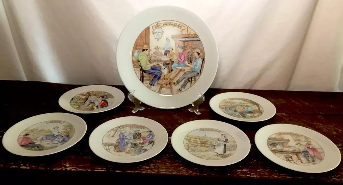 French Limoges Apilco Village Scenes Cheese Plate \ Dessert Set - 7 Piece Set - 2