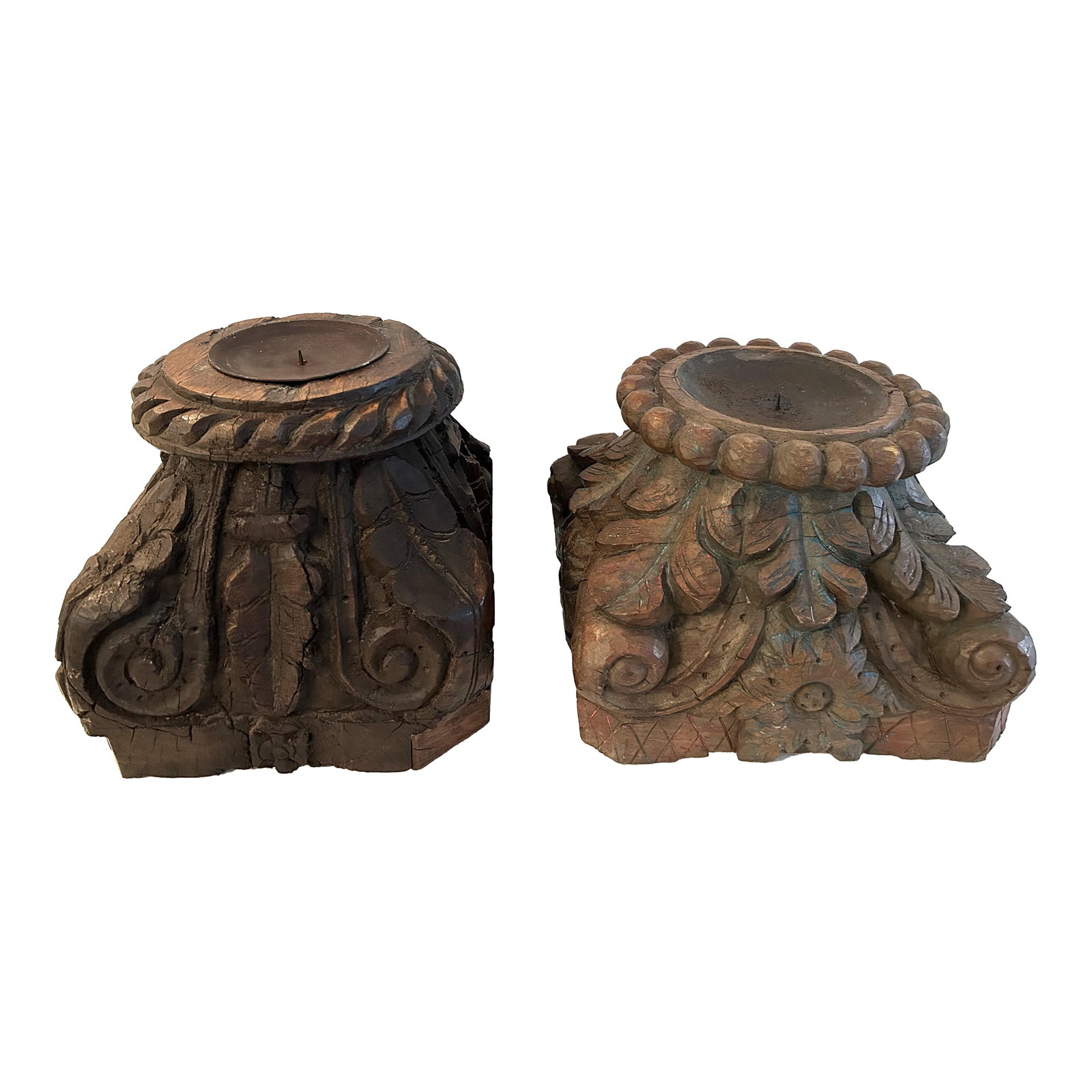 Antique Salvaged Carved Wood Column Top Pillar Candleholders, a Pair: Beautiful, unique, pair of large, carved wood pillar candle holders made of salvaged tops of columns. Each holder is unique in two different patterns. One holder has a dark wood finish in a leaf and s