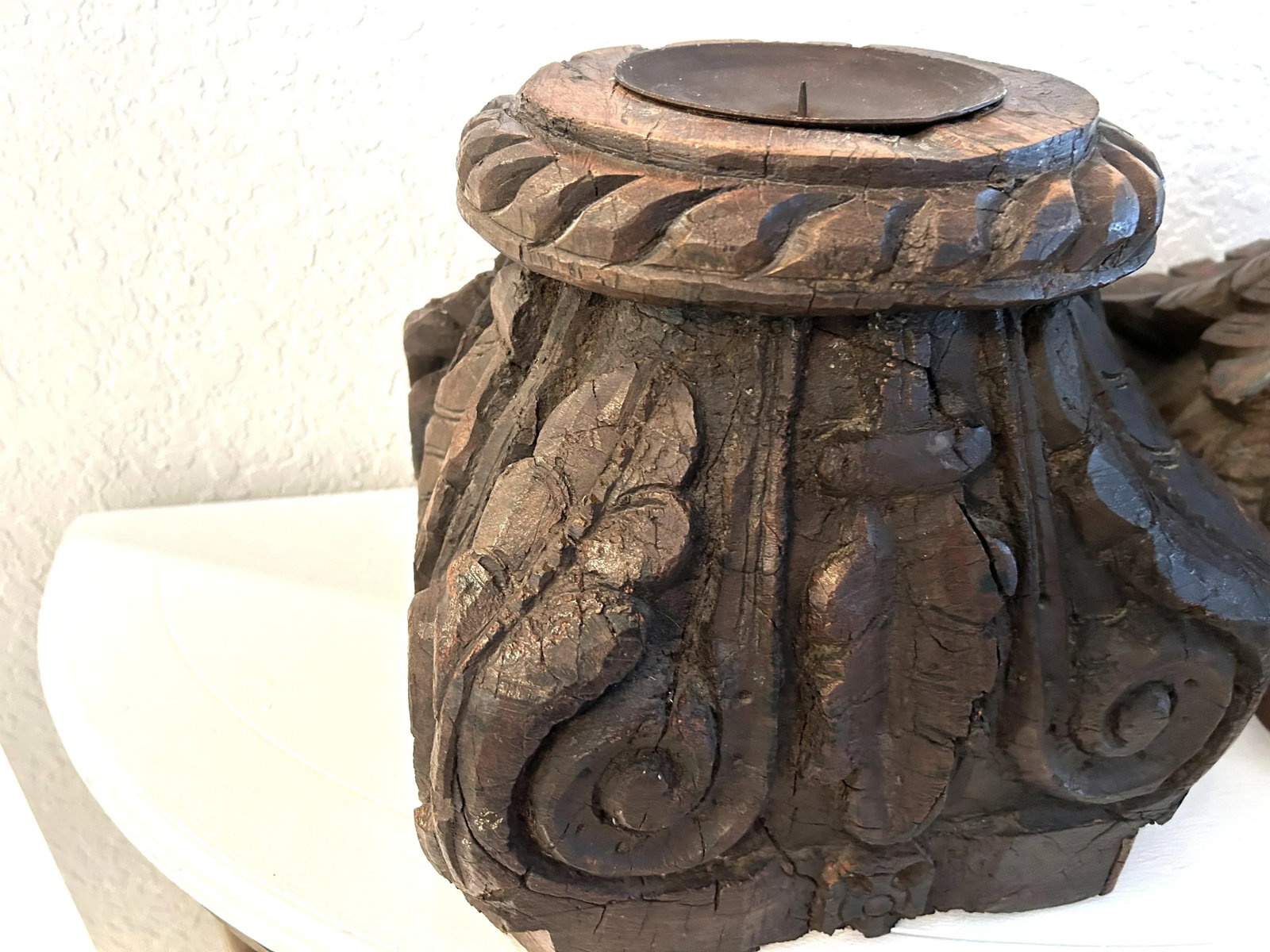 Antique Salvaged Carved Wood Column Top Pillar Candleholders, a Pair - 2