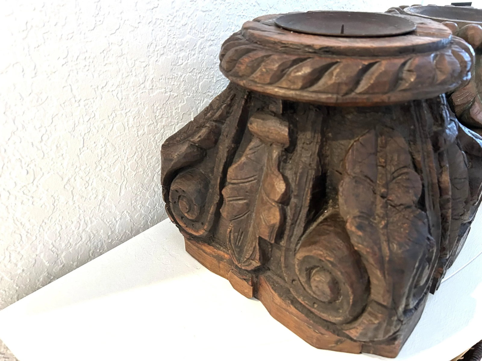 Antique Salvaged Carved Wood Column Top Pillar Candleholders, a Pair - 3