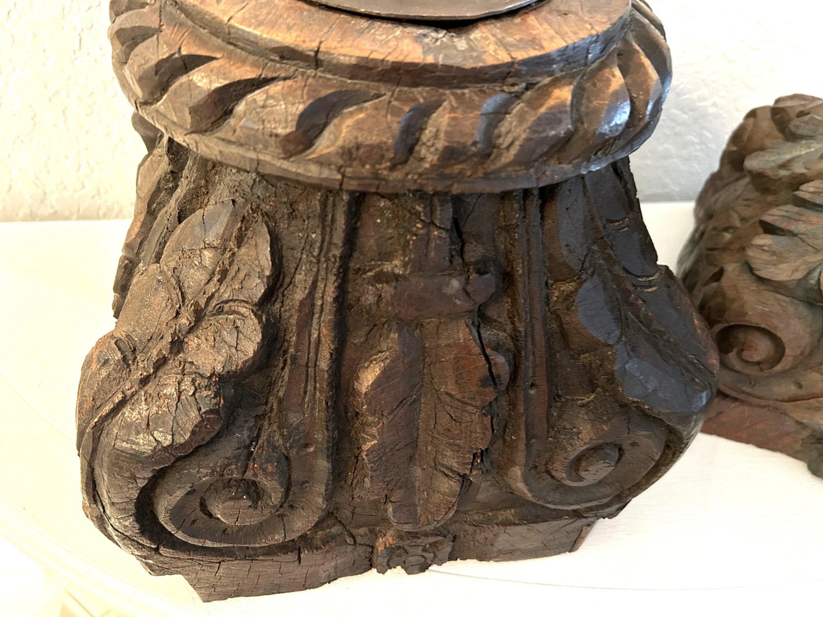 Antique Salvaged Carved Wood Column Top Pillar Candleholders, a Pair - 4