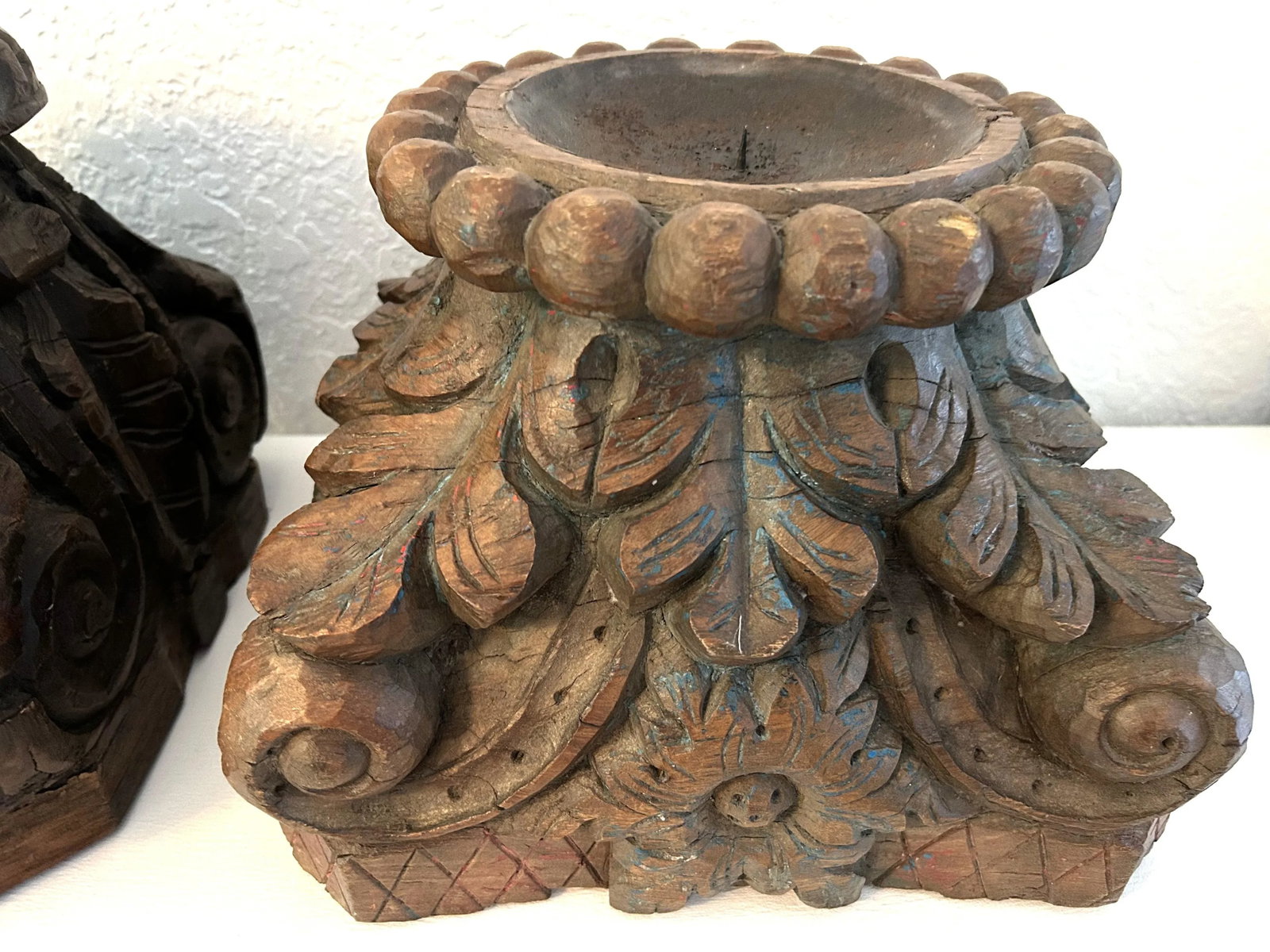 Antique Salvaged Carved Wood Column Top Pillar Candleholders, a Pair - 5
