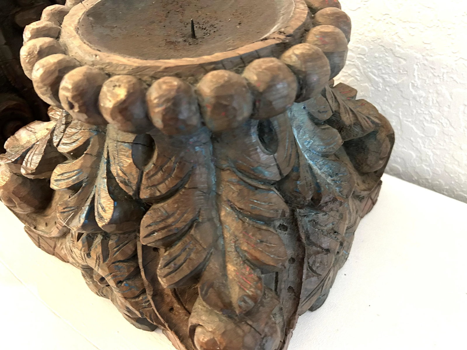 Antique Salvaged Carved Wood Column Top Pillar Candleholders, a Pair - 6