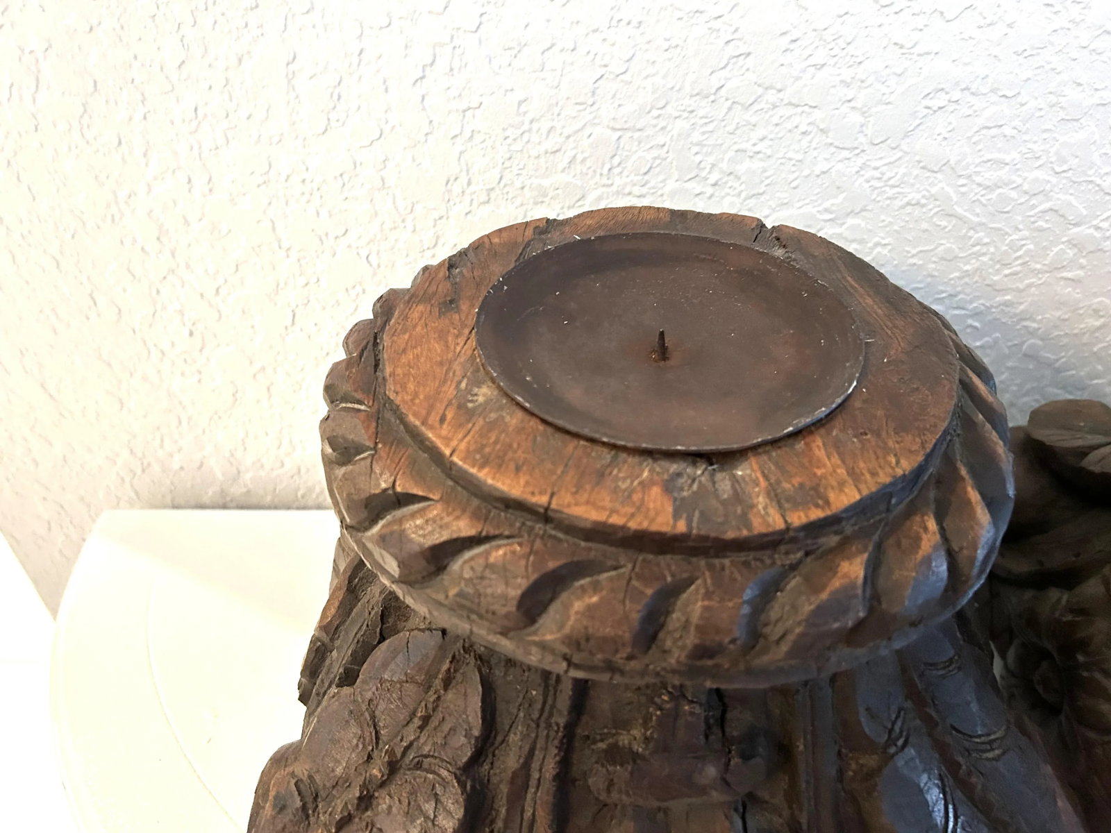 Antique Salvaged Carved Wood Column Top Pillar Candleholders, a Pair - 7