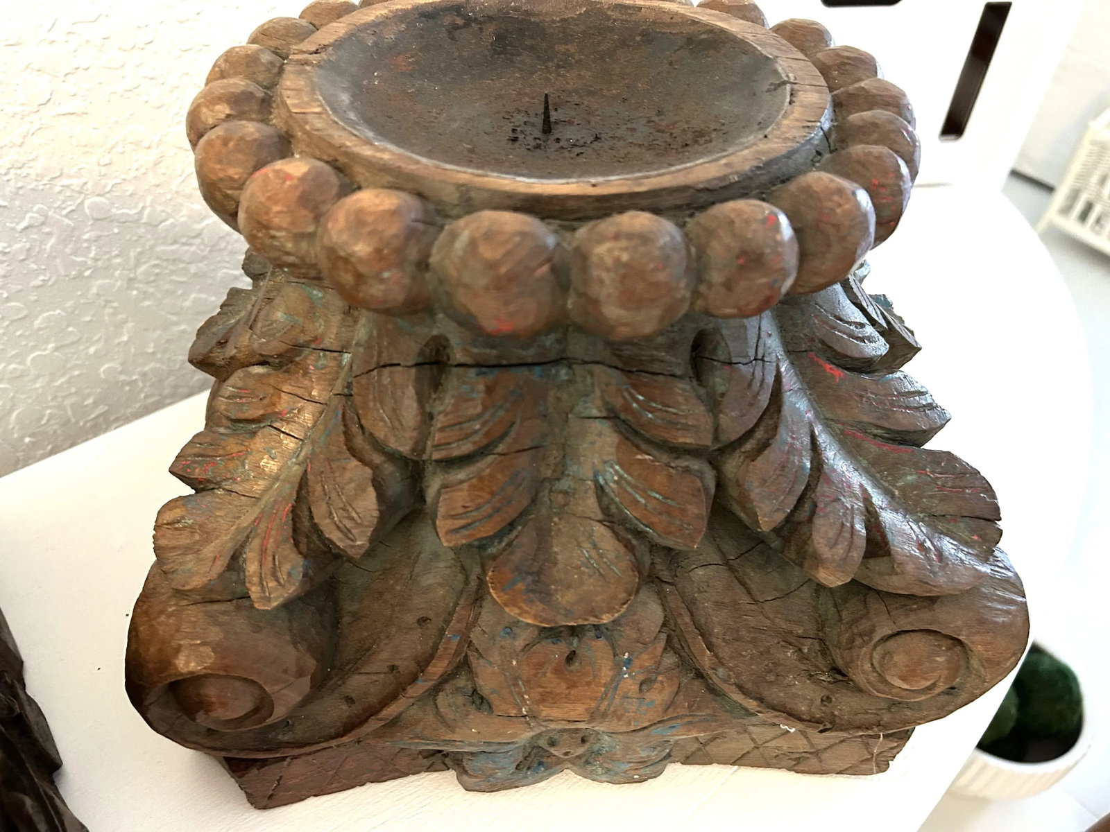 Antique Salvaged Carved Wood Column Top Pillar Candleholders, a Pair - 8