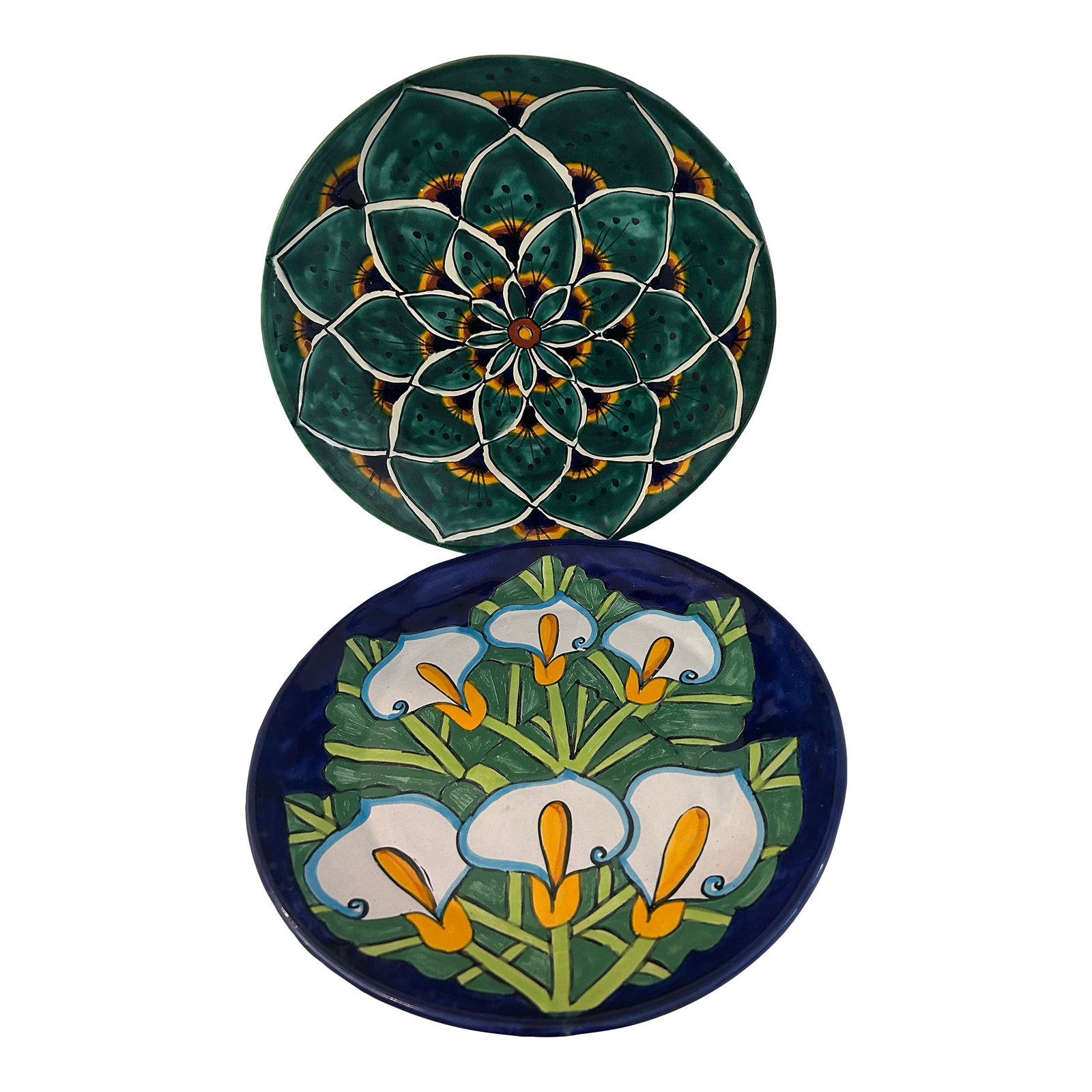 Vintage Mexican Talavera Wall Chargers, a Pair: Colorful pair of large vintage Mexican Talavera pottery chargers in vibrant, hand-painted, motifs. Holes on back should desire to display hanging. Marked "Mexico." Excellent condition. Dimensions: