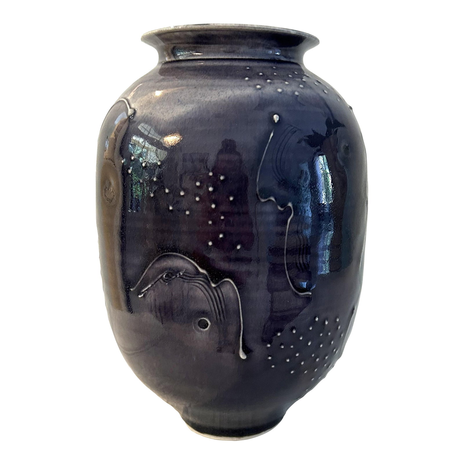 Vintage Ink Blue Japanese Ming Inspired Artisanal Pottery Vase: Vintage artisanal Ink Blue Ming design Japanese inspired pottery vase with a raised abstract design around perimeter. Excellent condition. Condition: Alterations: Original Condition Unaltered