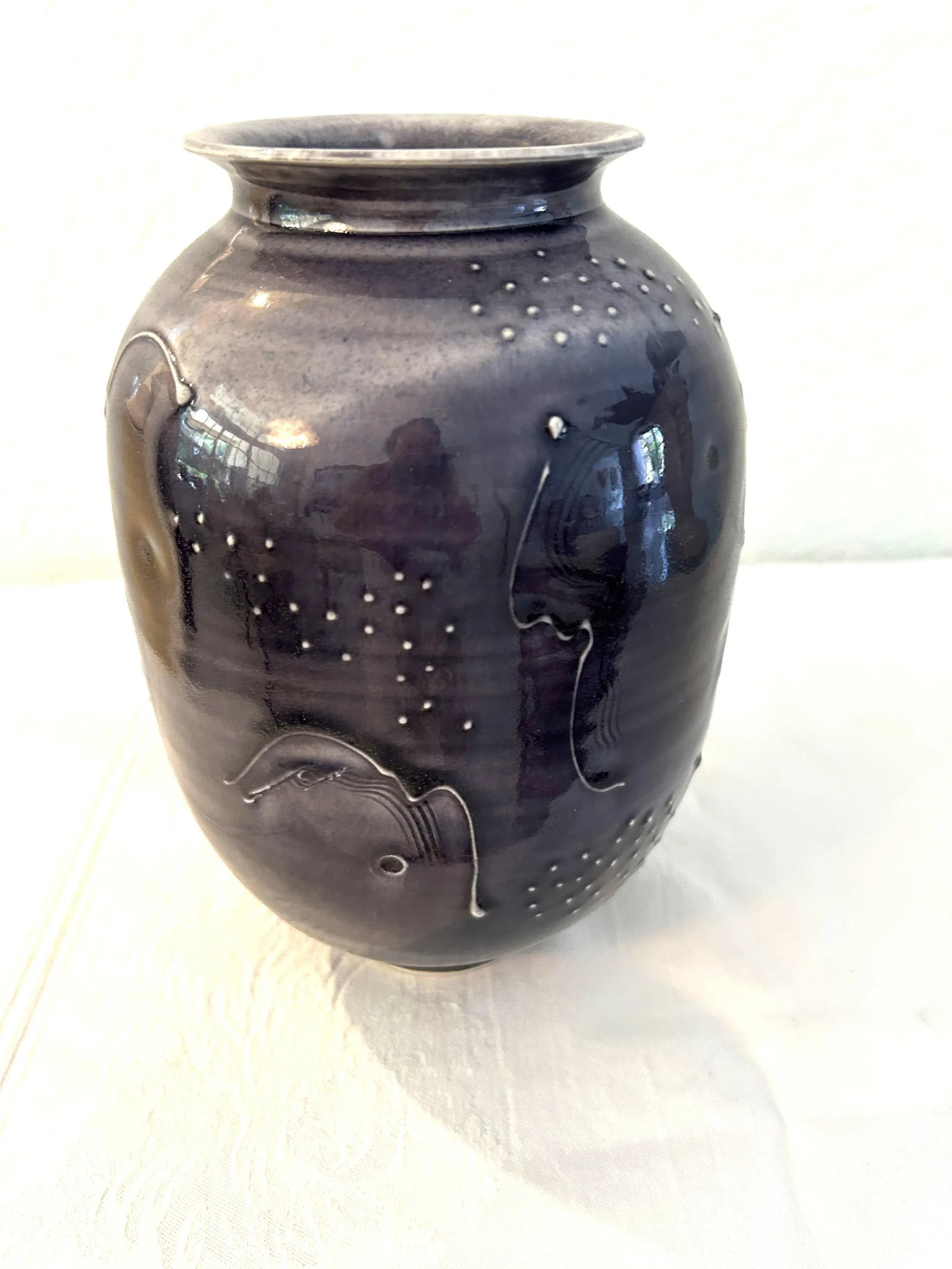 Vintage Ink Blue Japanese Ming Inspired Artisanal Pottery Vase - 2
