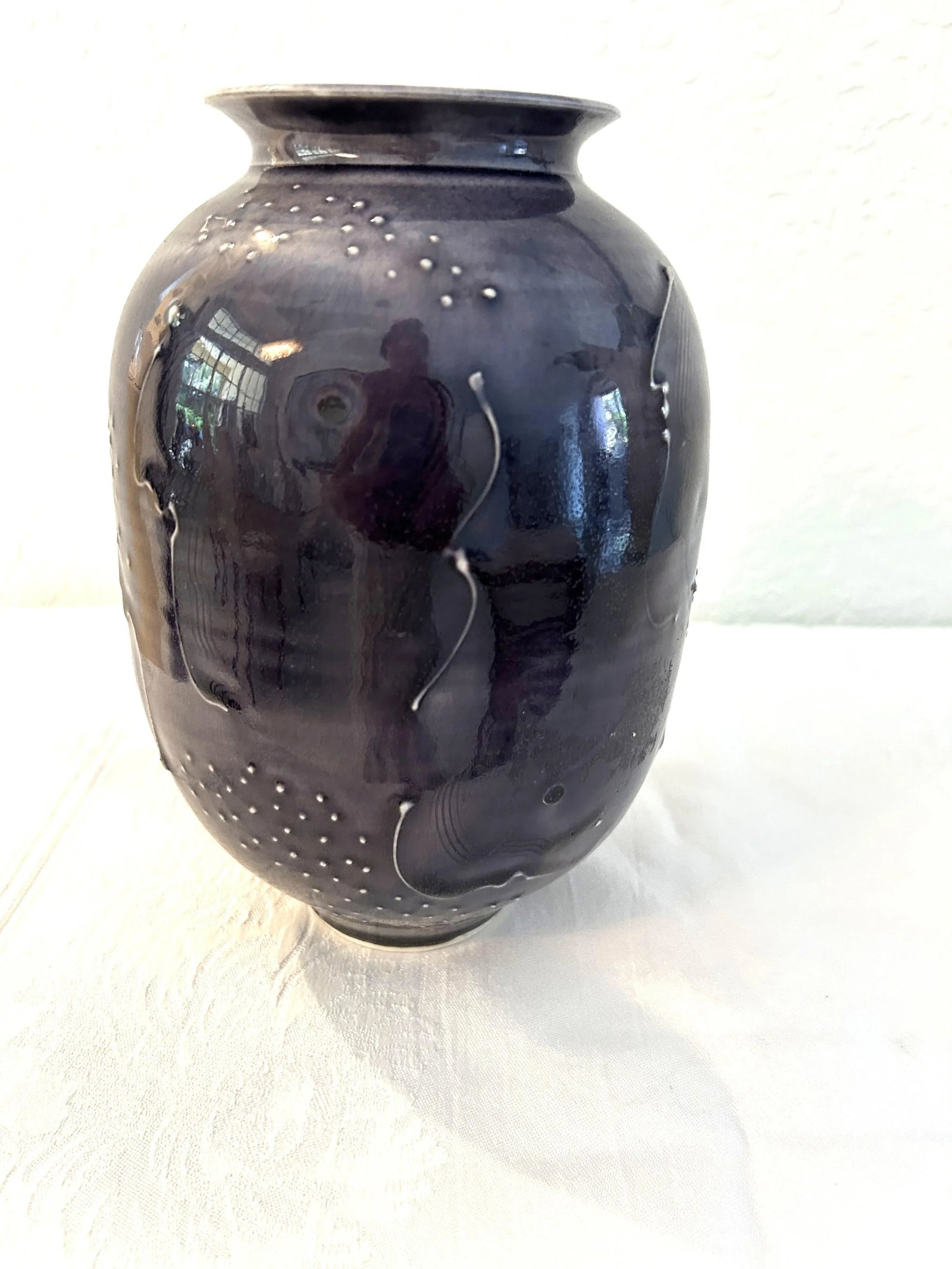 Vintage Ink Blue Japanese Ming Inspired Artisanal Pottery Vase - 3